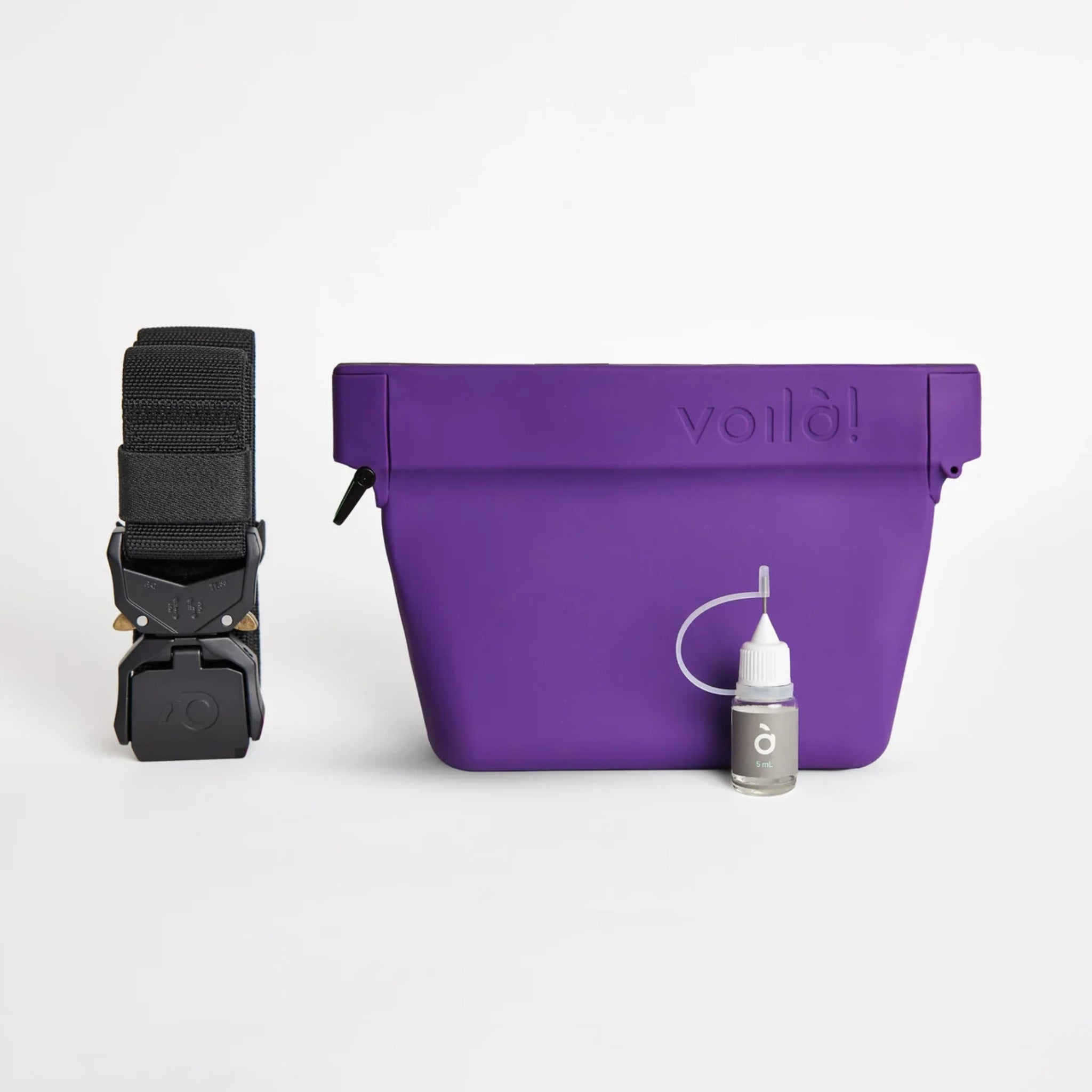 VoilaPets Ultimate Treat Pouch The Standard in Aubergine with adjustable belt and oil bottle