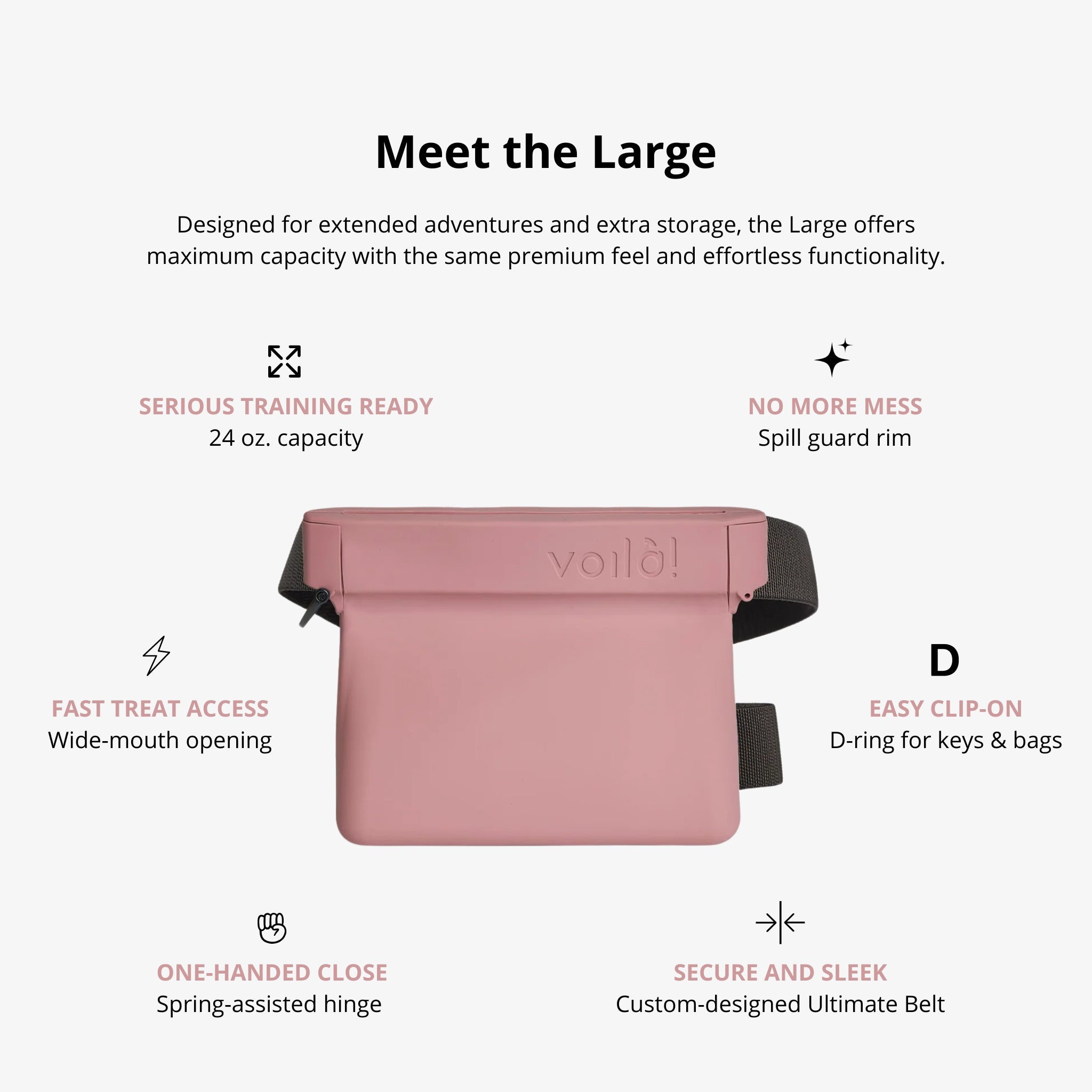 Ultimate Treat Pouch The Large by Voilà Pets with 24 oz capacity, wide opening, spill guard rim and adjustable belt