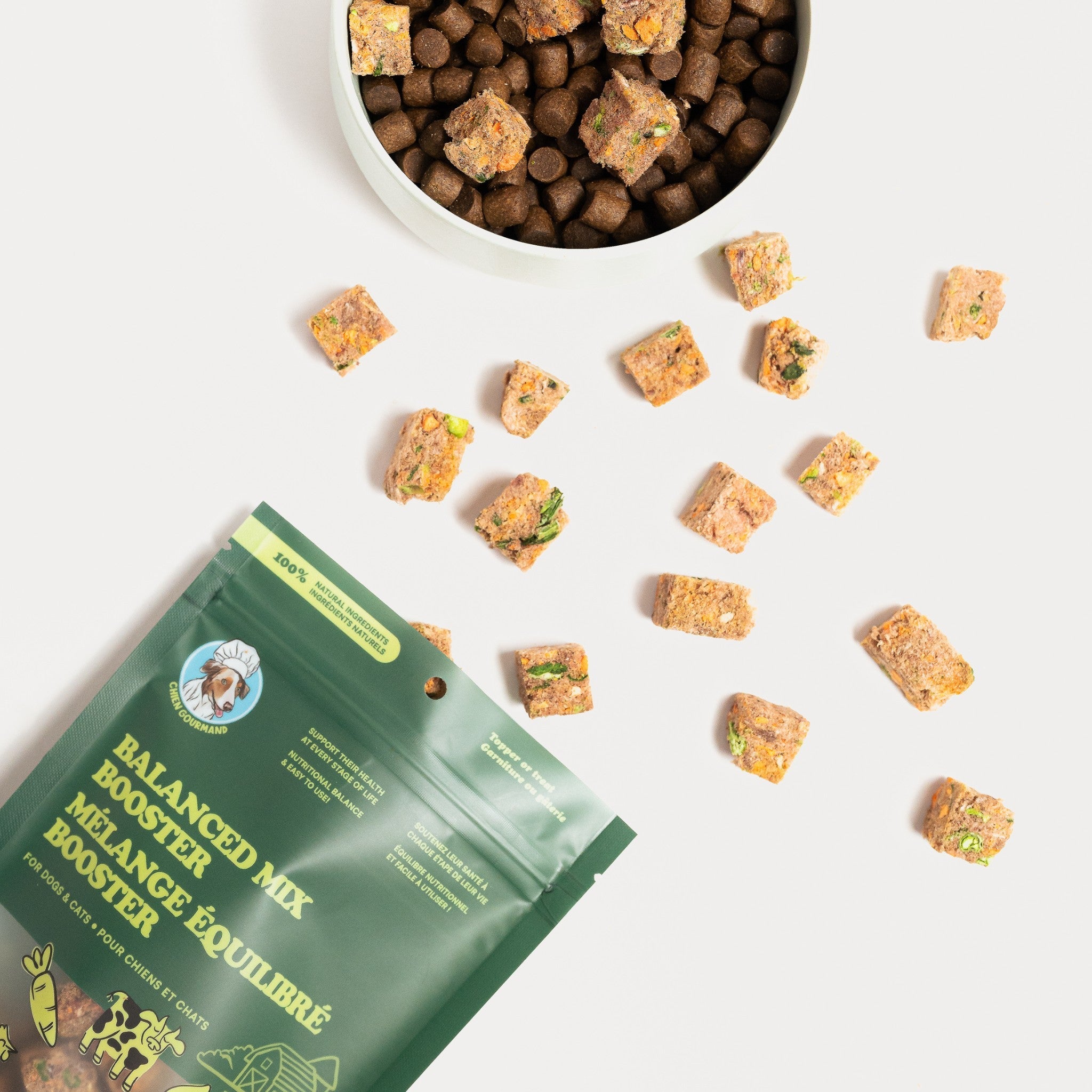 A top-down view showing freeze-dried Balanced Booster Mix cubes scattered around a bowl of brown pet kibble next to the dark green Chien Gourmand packaging.