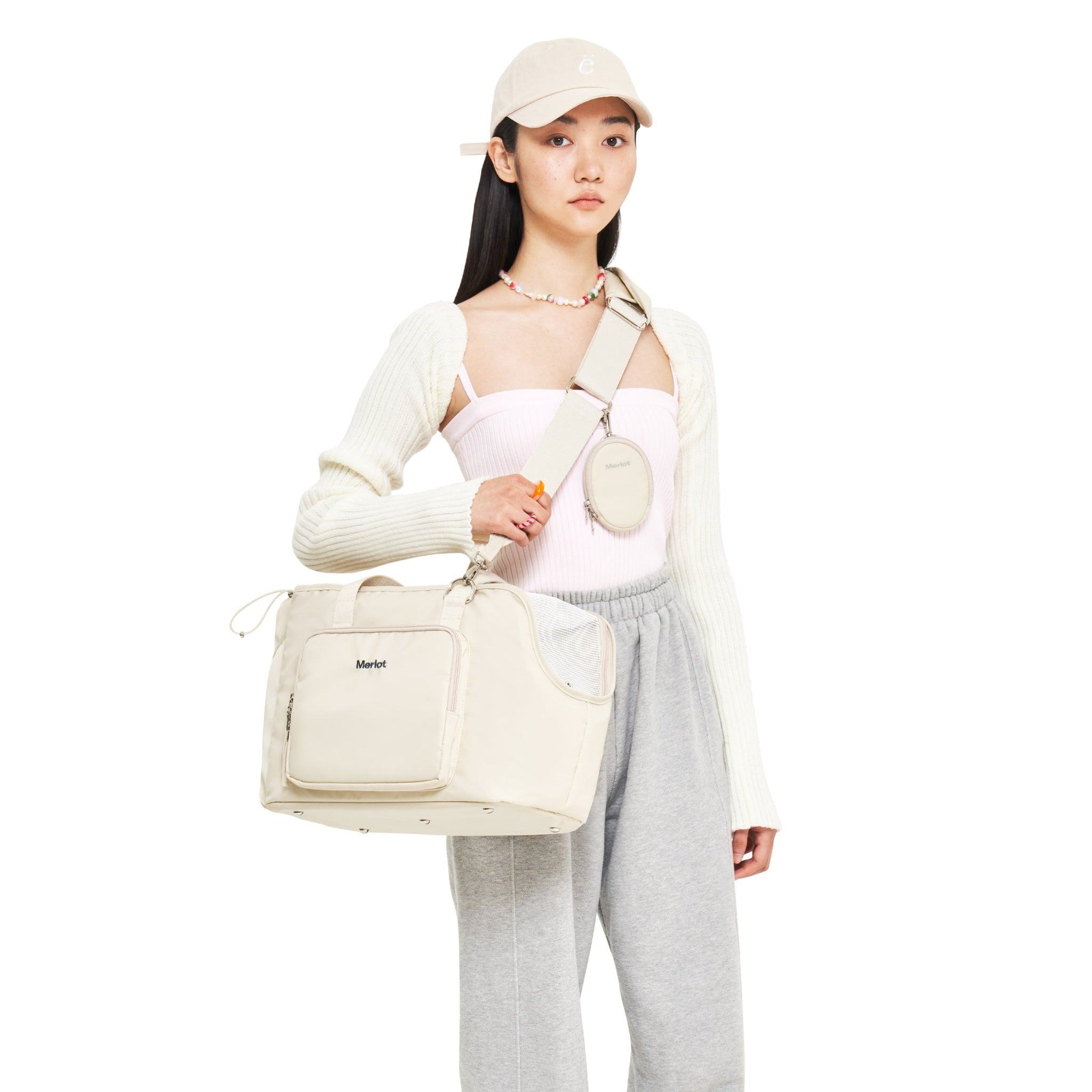 Dog Carrier Bag - Mermer Cross Strap Cream - Merlot - La Maison Mou