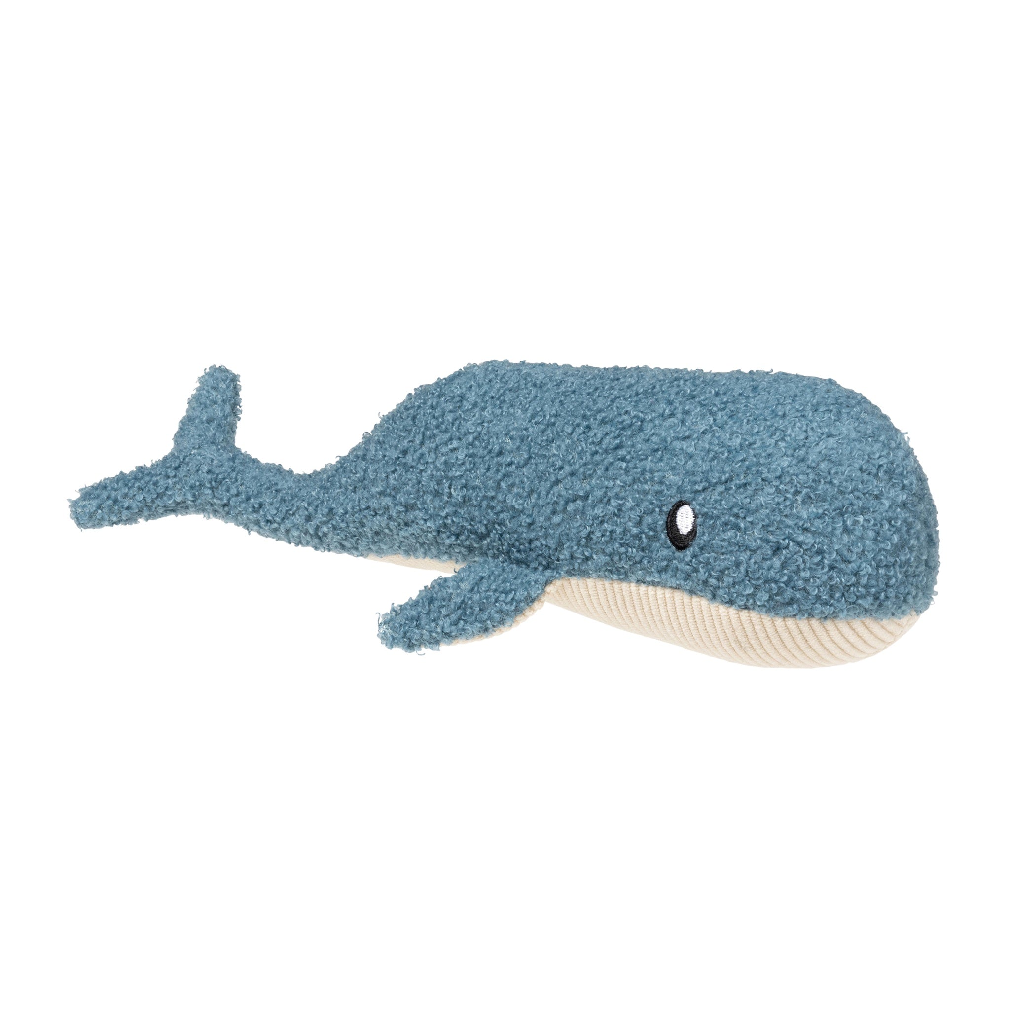 An angled three-quarter studio view of the FuzzYard Life French blue whale plush dog toy against a clean white backdrop, highlighting its rounded snout, side flippers, and premium multi-texture fabric construction.