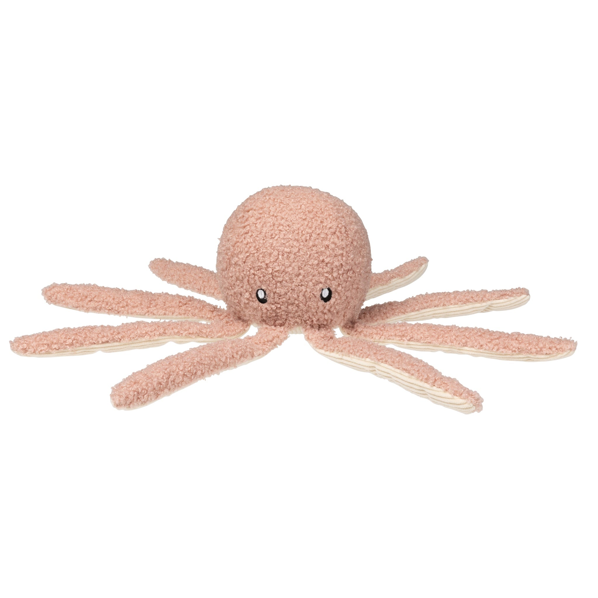 A direct front studio view of the FuzzYard Life Soft Blush Octopus plush dog toy against a clean white background, highlighting its round head, embroidered eyes, textured pink boucle fabric, and cream corduroy tentacle undersides.