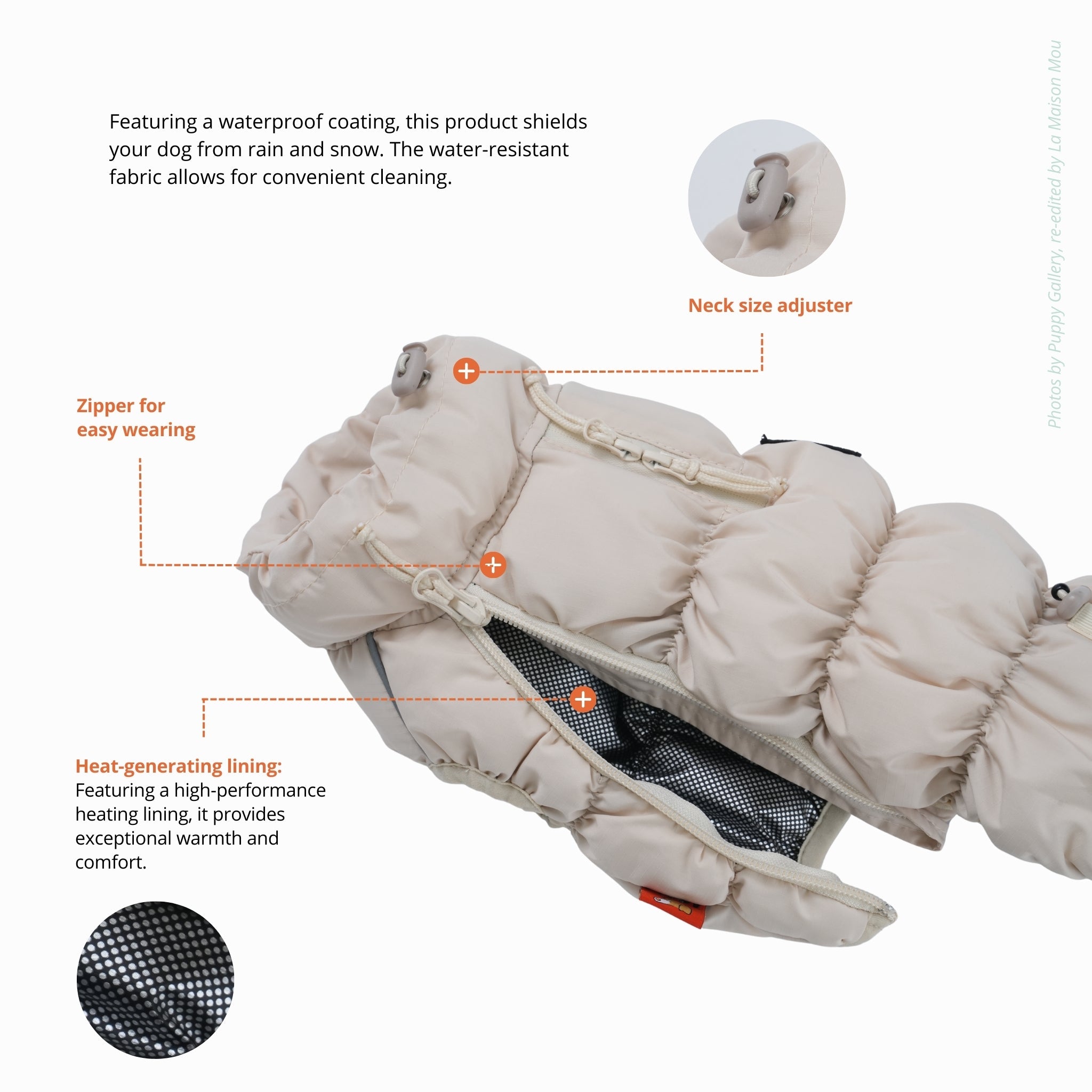 A close-up studio shot of the beige Kiroro Cloud Padding dog vest, showing an open zipper that reveals the innovative silver and black dotted heat-generating interior lining.