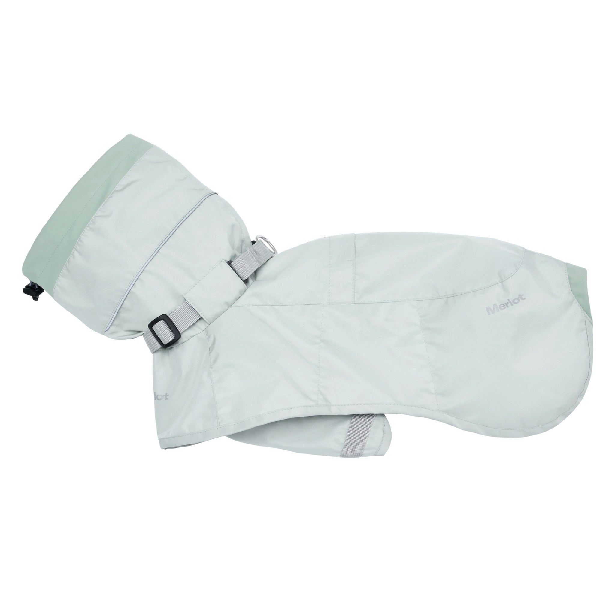 A premium studio product flat lay of the lime stone pale sage green Merlot Ain™ dog raincoat on a white background, showing its high cowl hood, integrated grey neck strap adjustment buckle, and full underbelly panel.