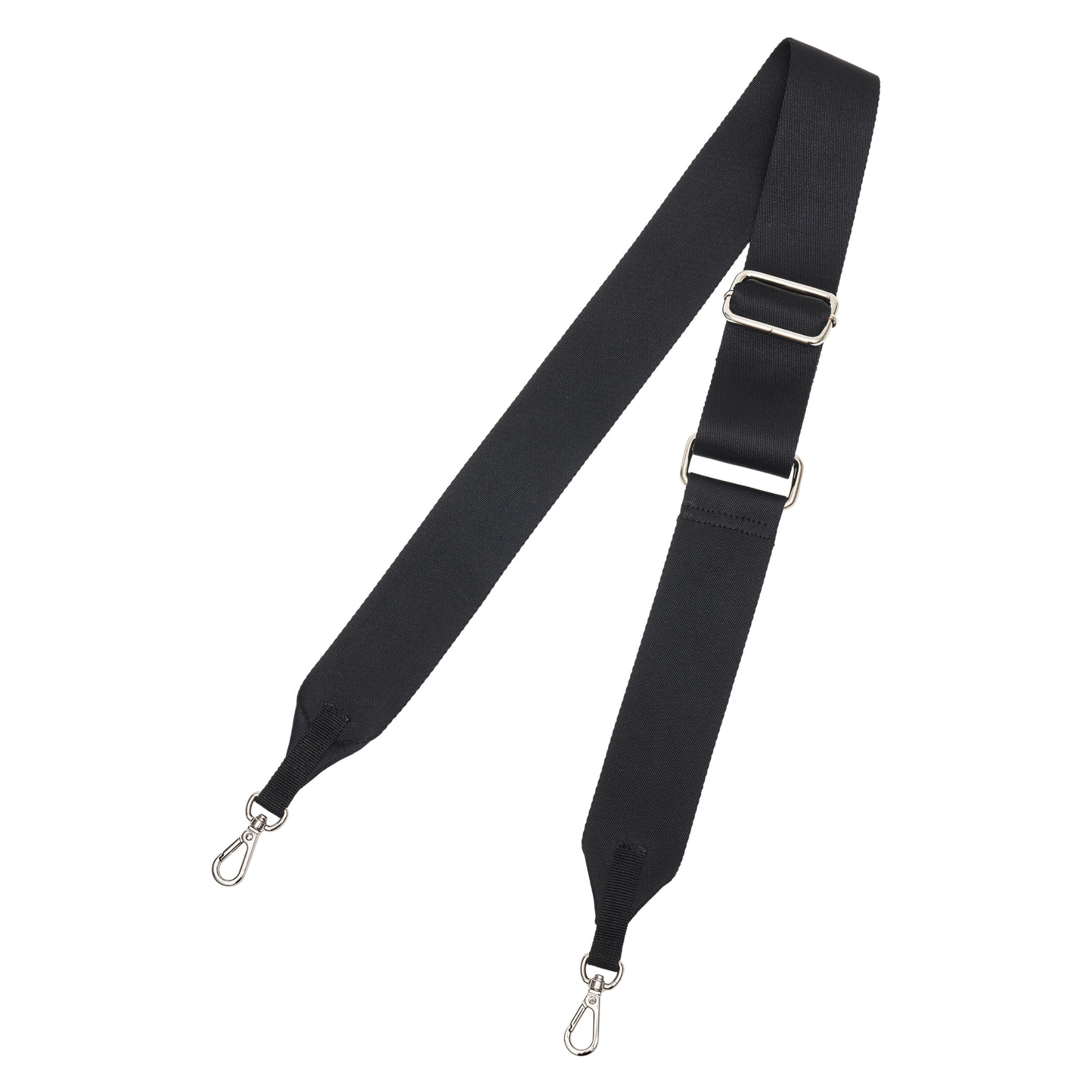 An adjustable black woven nylon shoulder cross strap accessory for the Merlot Mermer pet carrier, showing the silver metal lobster swivel clasps and tri-glide adjustment buckle.