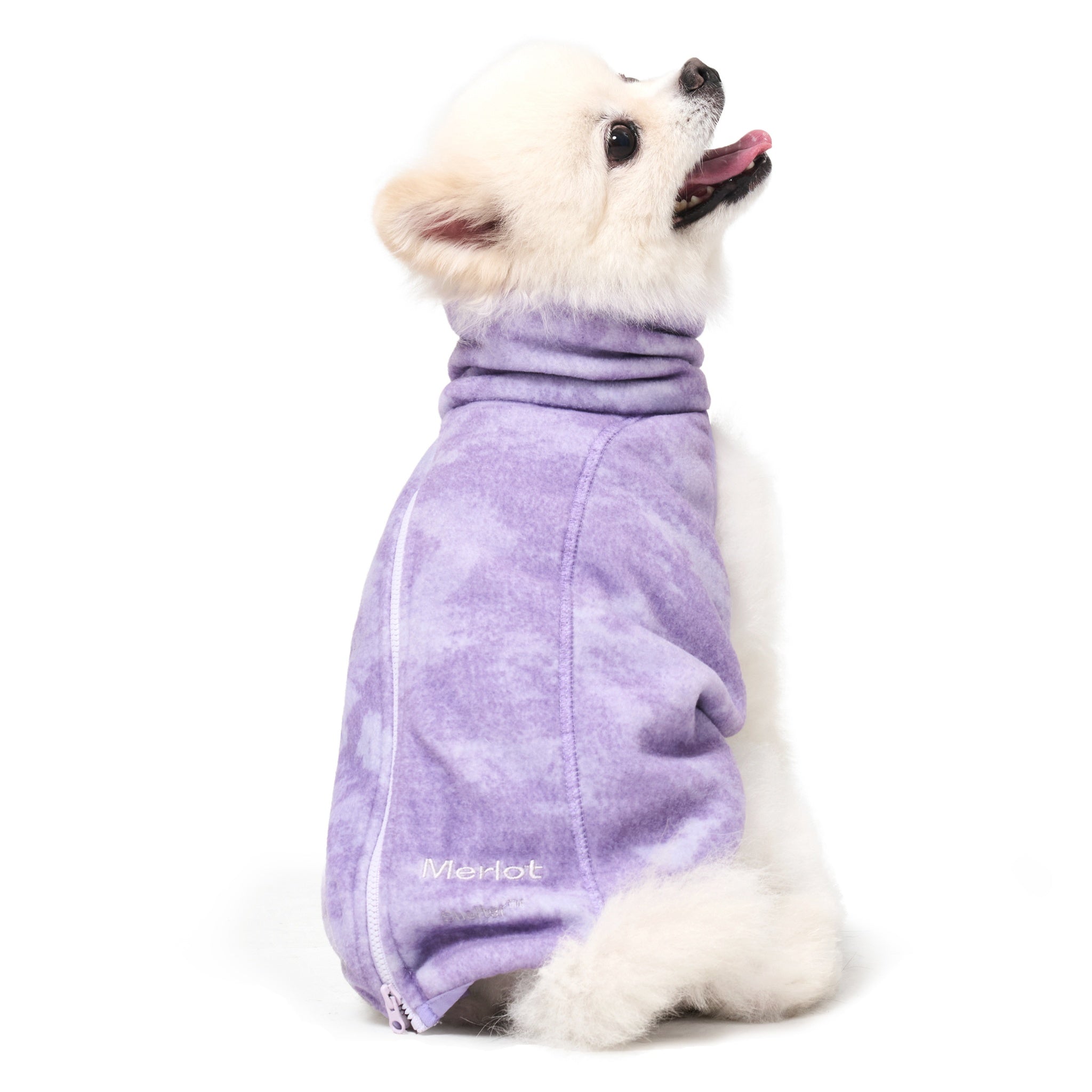 Rear three-quarter view of a white Pomeranian sitting and looking up, displaying the full-length back zipper closure and white embroidered Merlot logo on the lower edge of the purple dog fleece jacket.