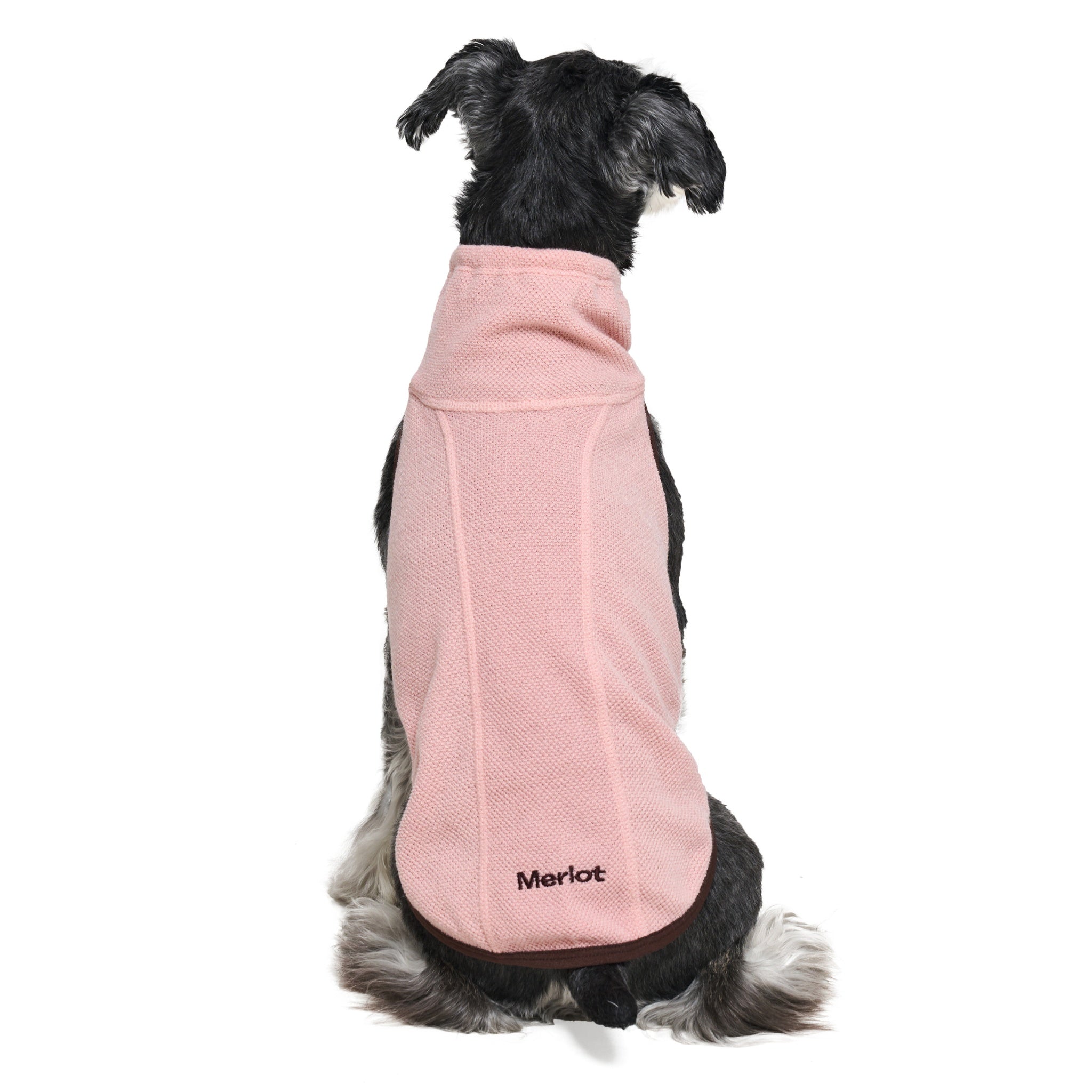 A close-up studio bust shot of a Miniature Schnauzer looking to the left, highlighting the cozy fabric texture, high neck insulation, and brown leg-hole binding of the pink Merlot Shelter Layer dog jacket.