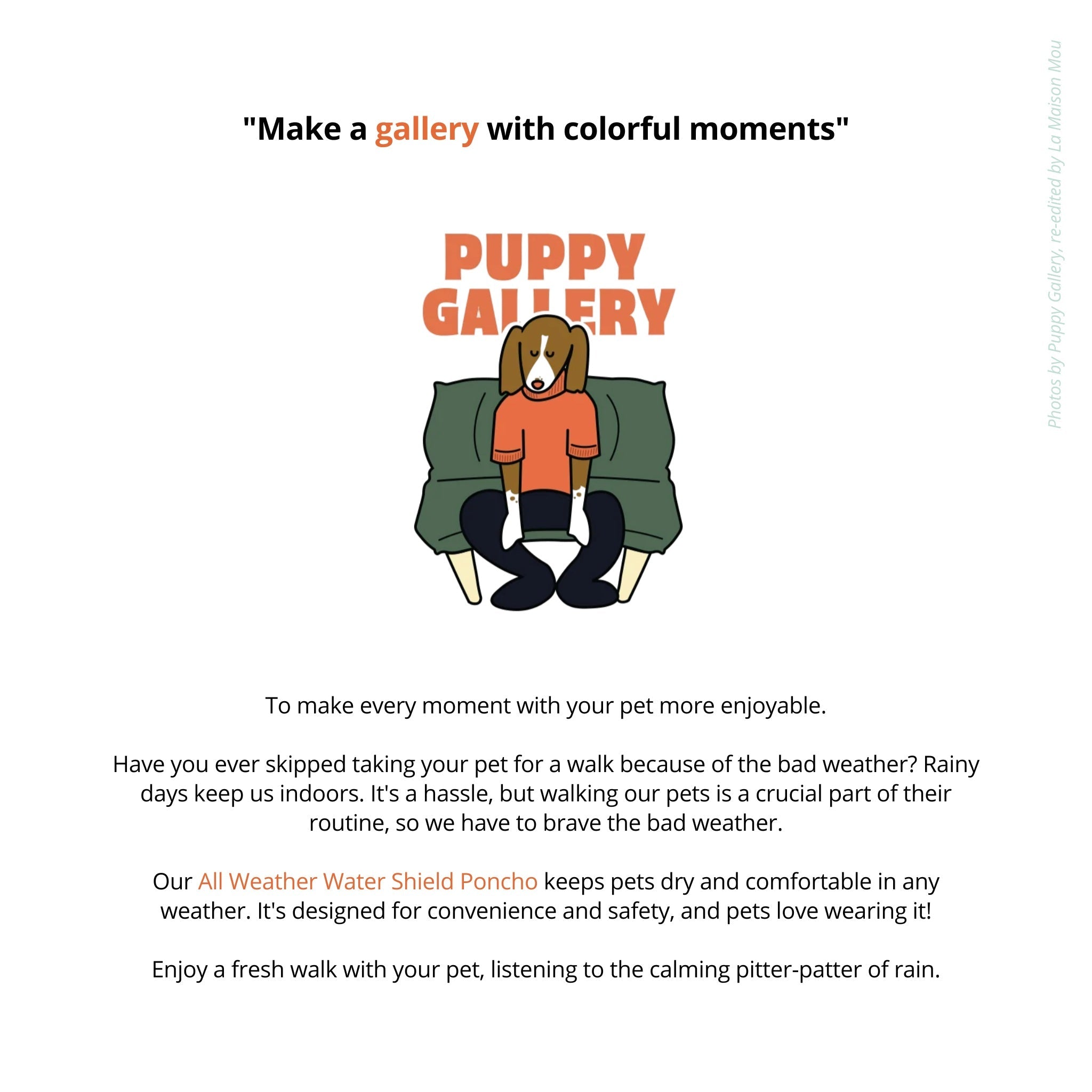 Brand story promotional graphic for the Puppy Gallery All Weather Water Shield Poncho raincoat, featuring a cartoon illustration of a dog sitting on a sofa.