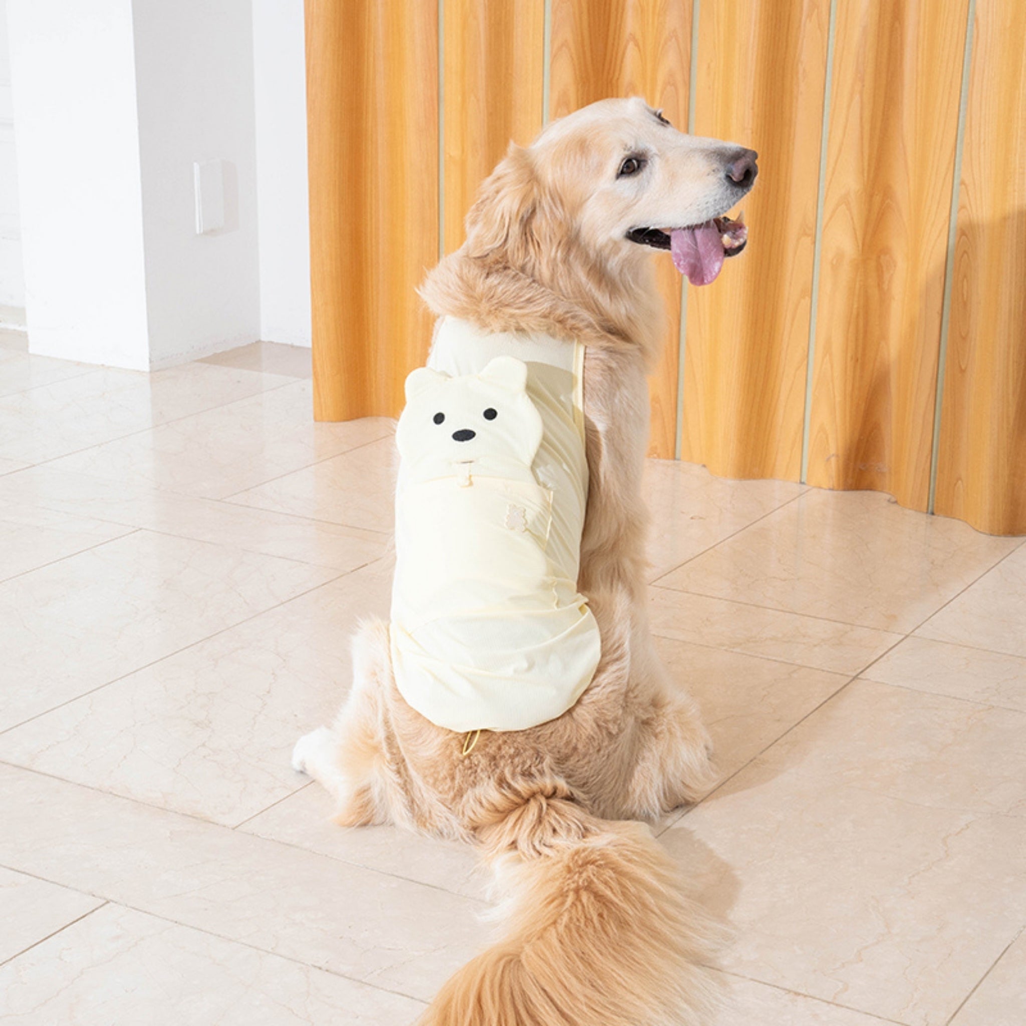 A golden retriever sitting down indoors, showing the full length and bear back pocket detail of the light yellow lemonade cooling dog tank top.