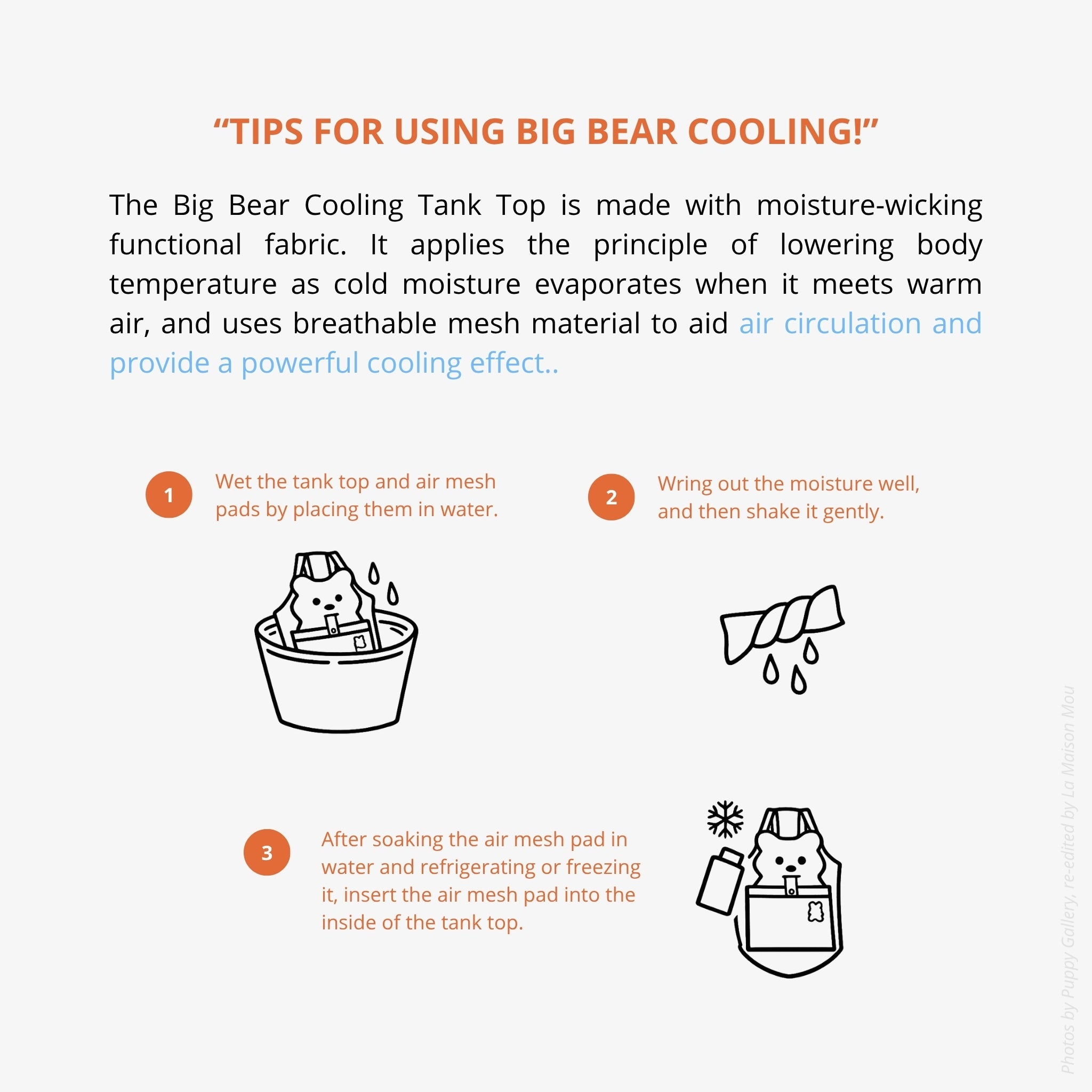 An instructional graphic showing the three steps for using the pet cooling vest: soak in water, wring out gently, and freeze or refrigerate the inner air mesh pad before walks.