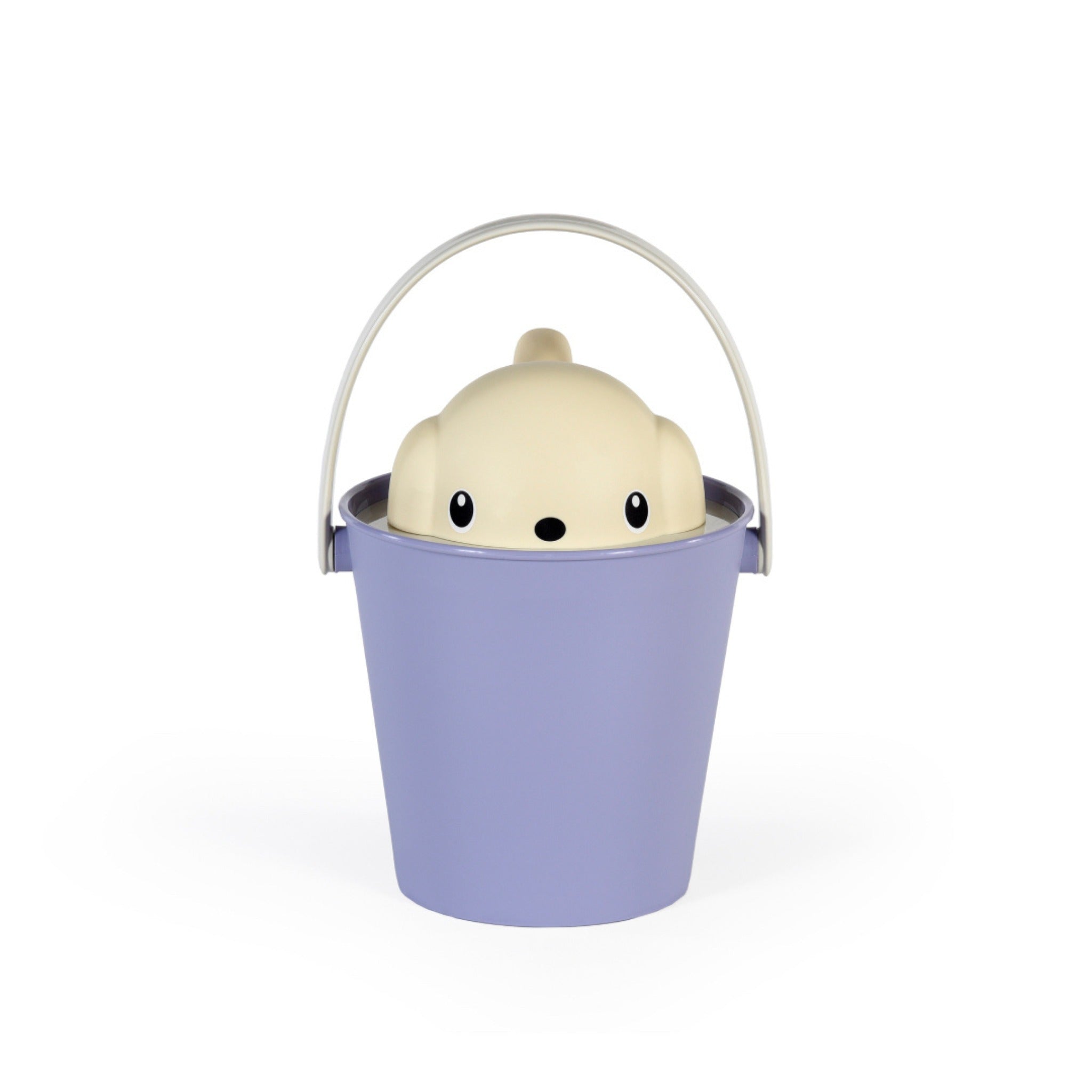 Direct front studio view of the assembled Crock dog dry food container by Puppy Gallery, featuring a periwinkle purple bucket with an upright handle and a cream dog-shaped lid peeking over the rim.