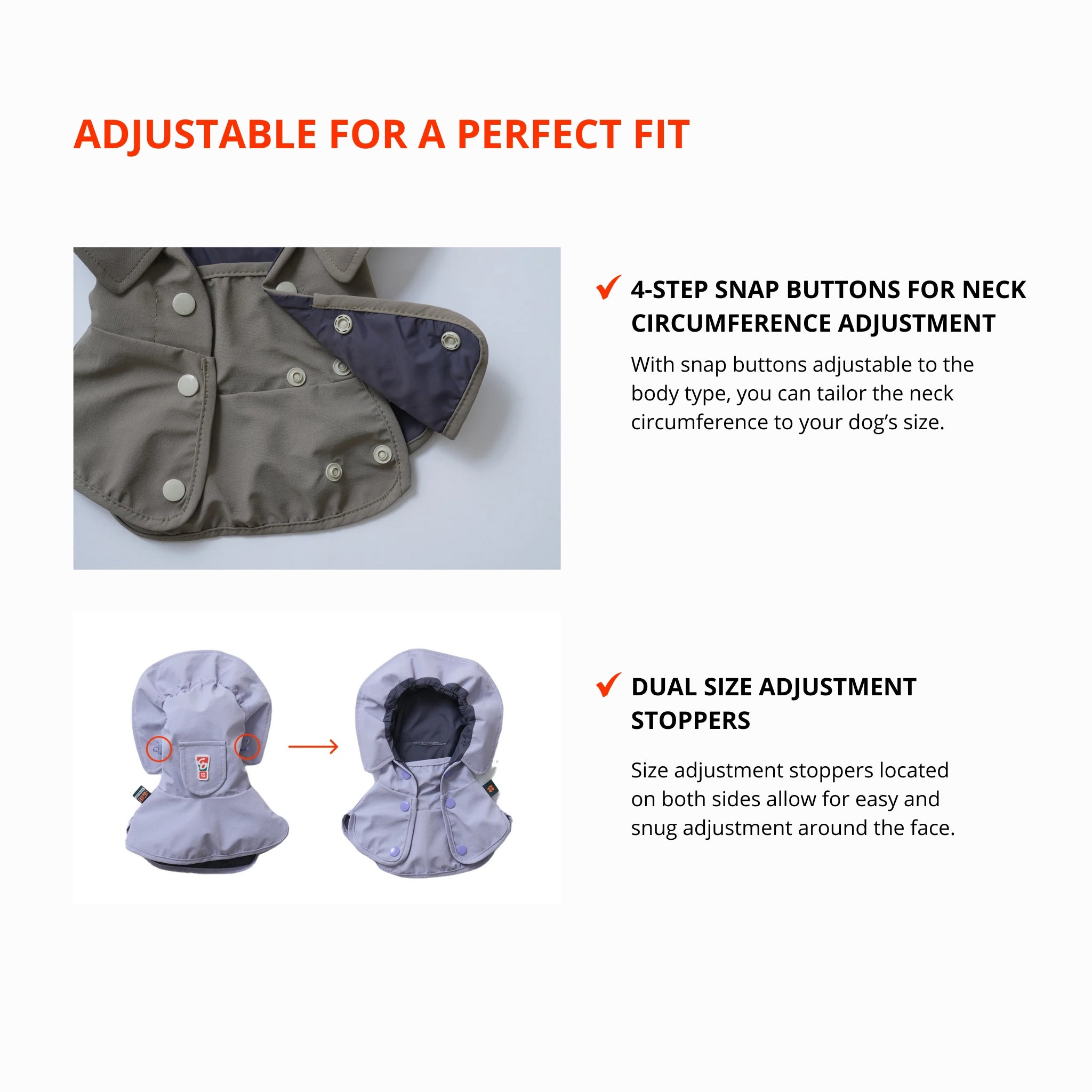 Adjustability diagram illustrating the 4-step neck snap button positions and the dual size adjustment elastic toggles on both sides of the pet rain snood for a snug facial fit.