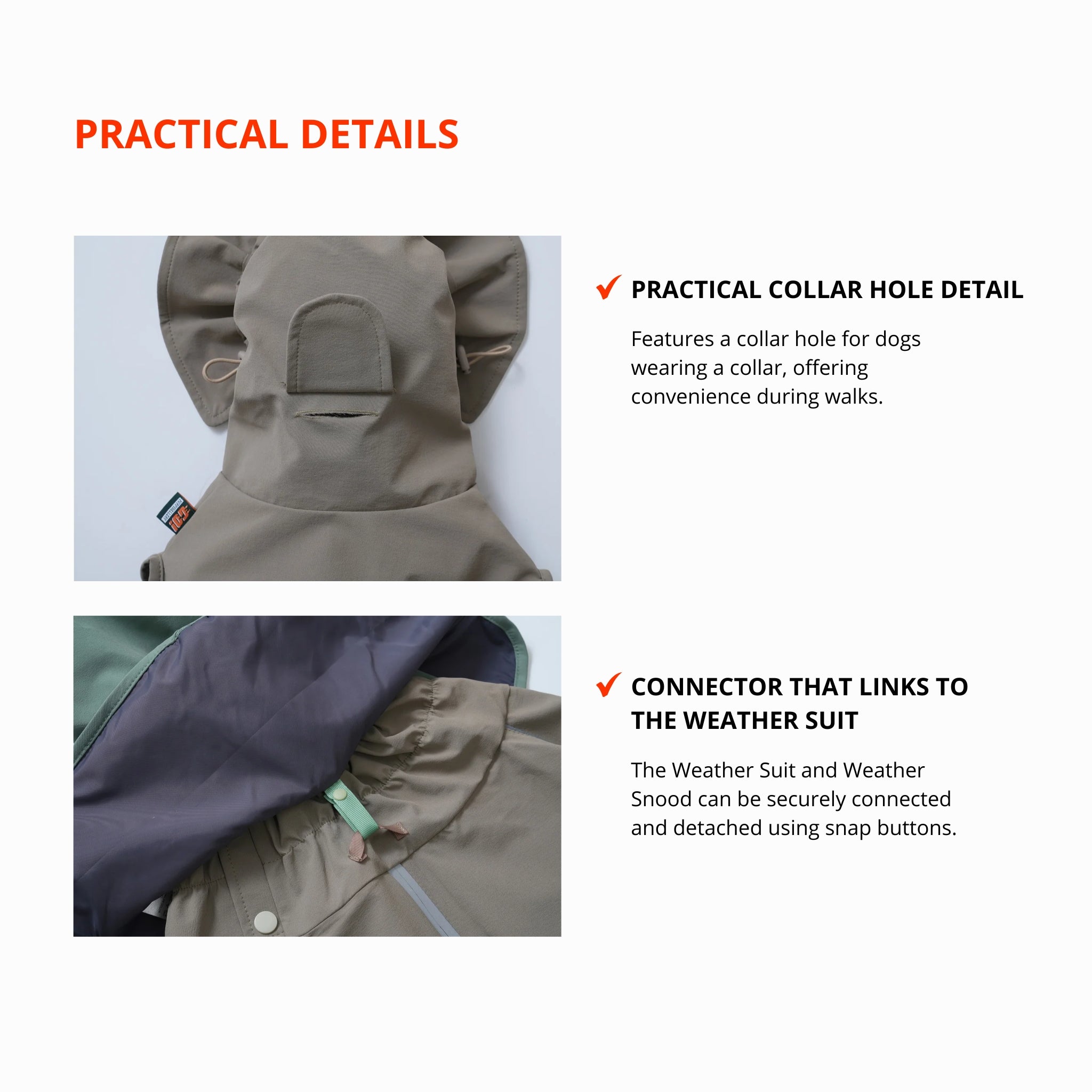 Close-up technical detail shots showcasing the practical collar hole for leash access and the snap-button connector that securely links the weather snood to the matching rain suit.