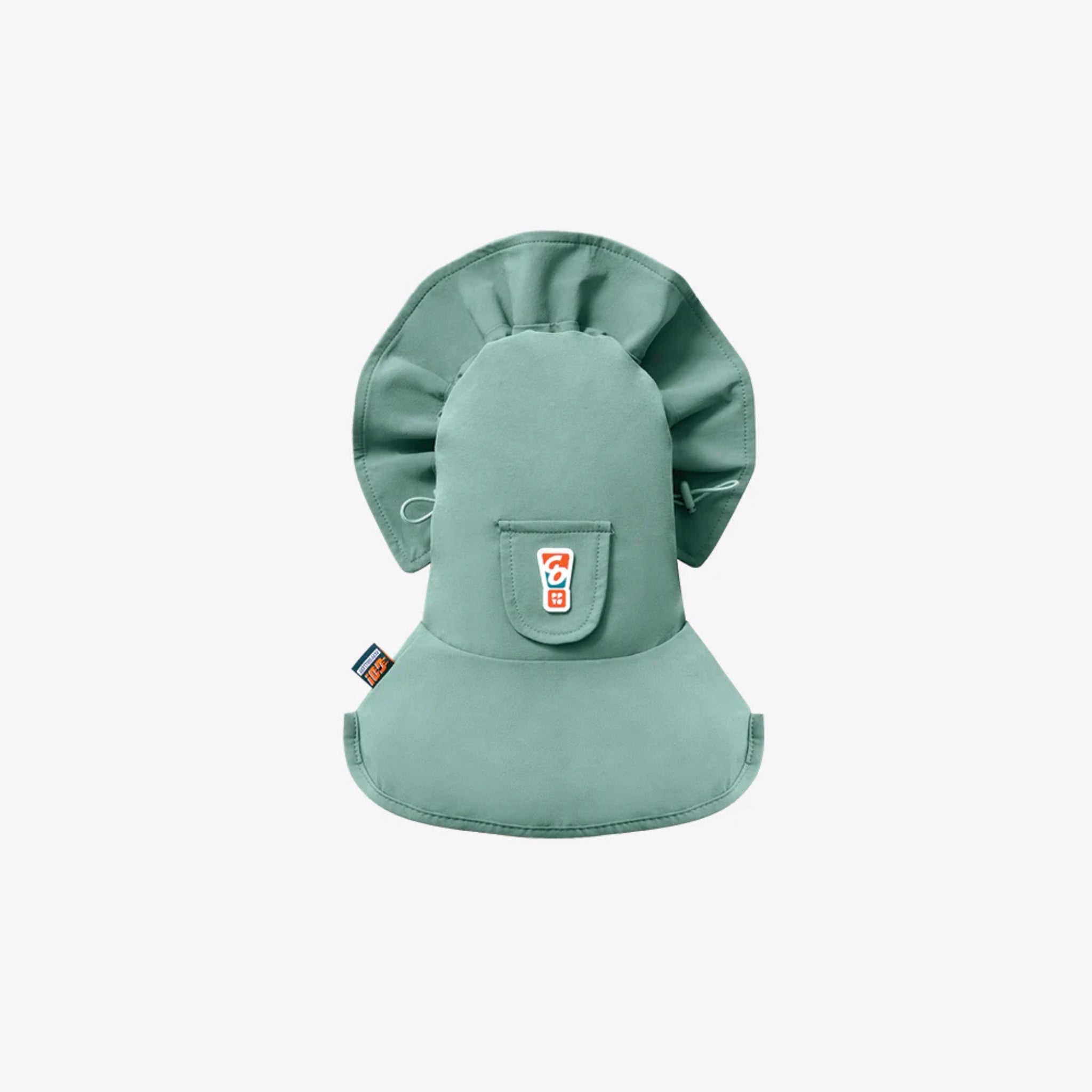 A studio flat lay product shot of the standalone khaki green Puppy Gallery GO Pro Weather Snood from the back, highlighting the adjustable toggle strings, ruffle trim hood, and mini brand logo pocket.
