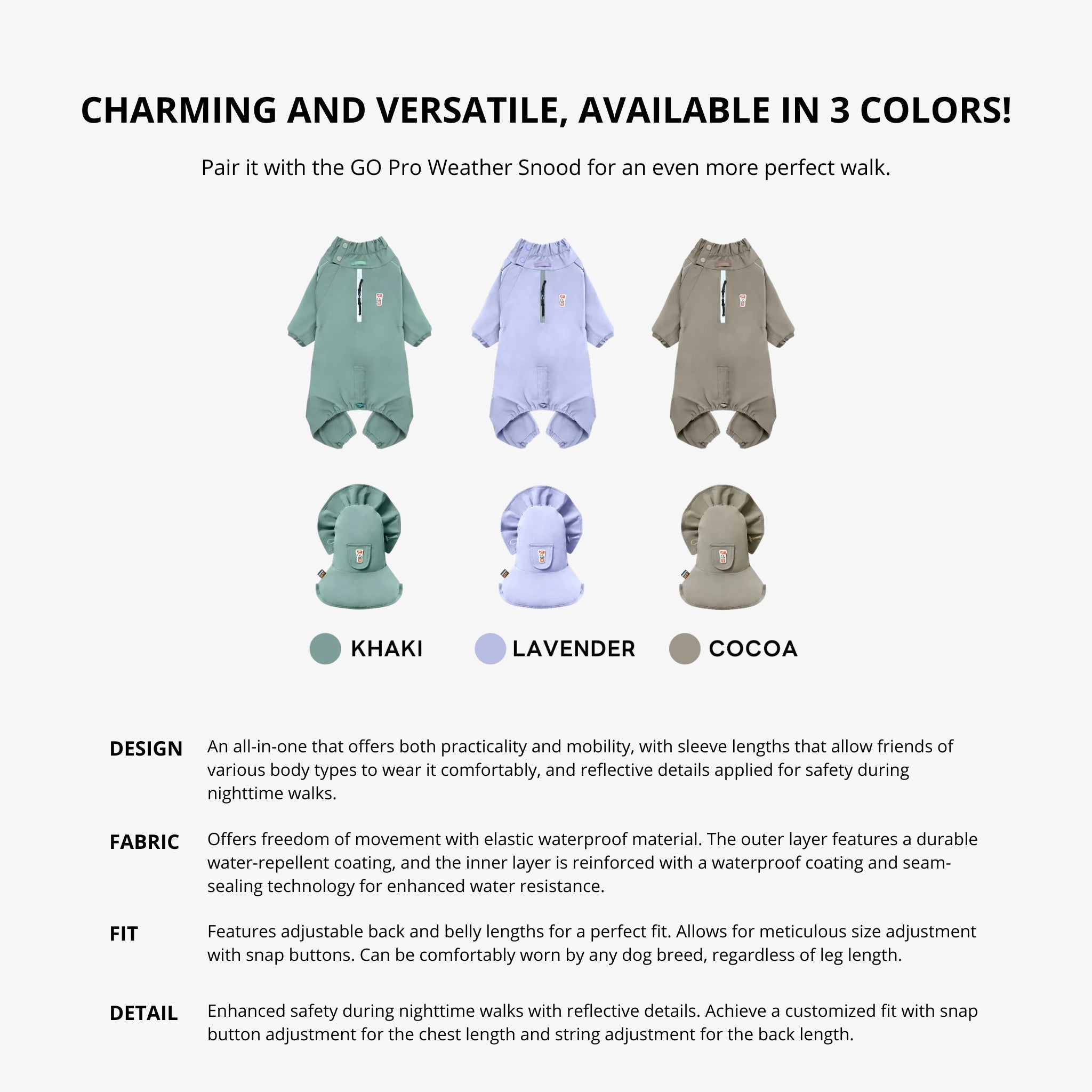 A product options graphic showcasing the Puppy Gallery Go Pro Weather Suit and matching functional snoods in Khaki, Lavender, and Cocoa options, with descriptive text breaking down the design, fabric, and adjustable fit details.