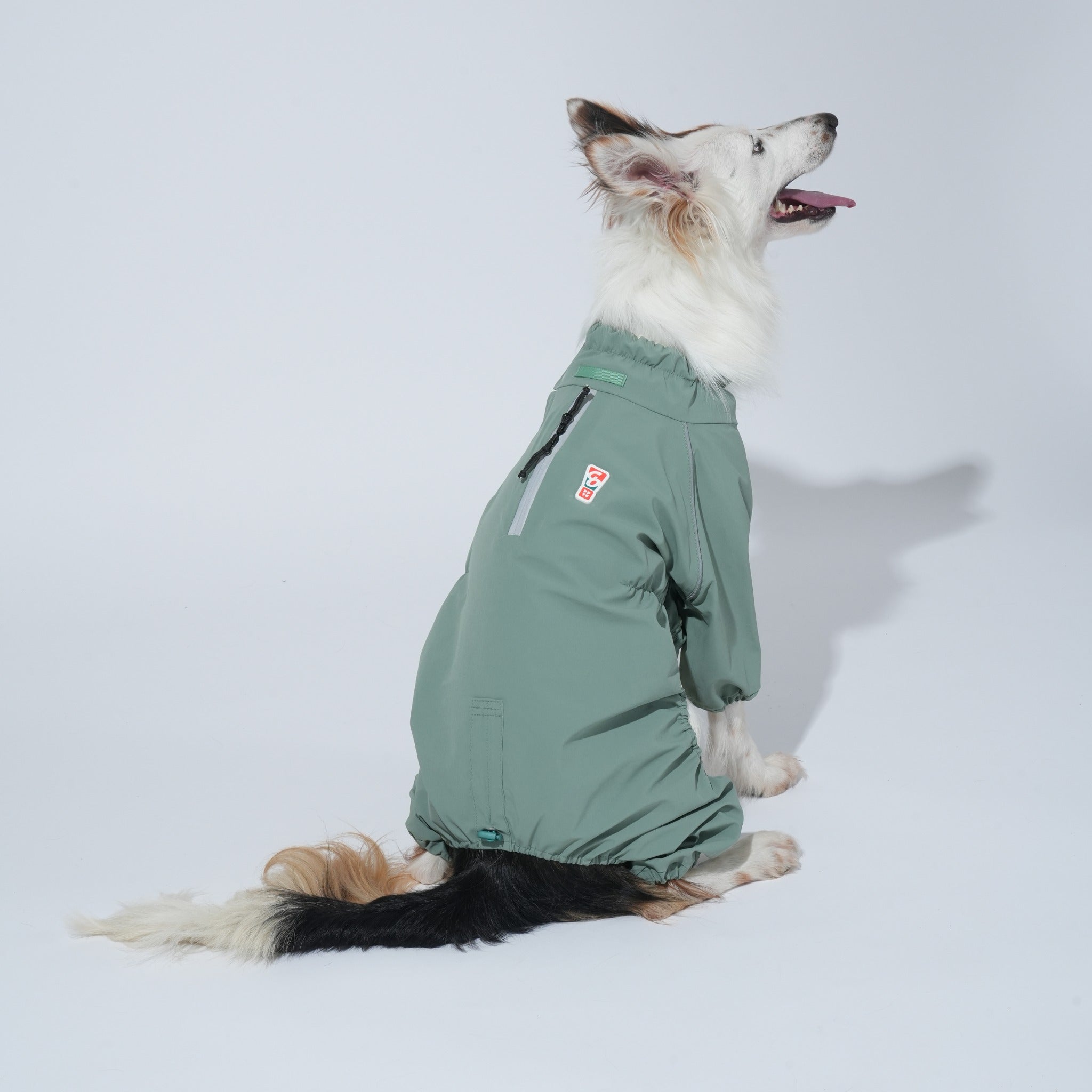 A dog sitting from a rear side angle, highlighting the reflective safety piping, spine zipper leash access, and adjustable back length toggle on the khaki jumpsuit.