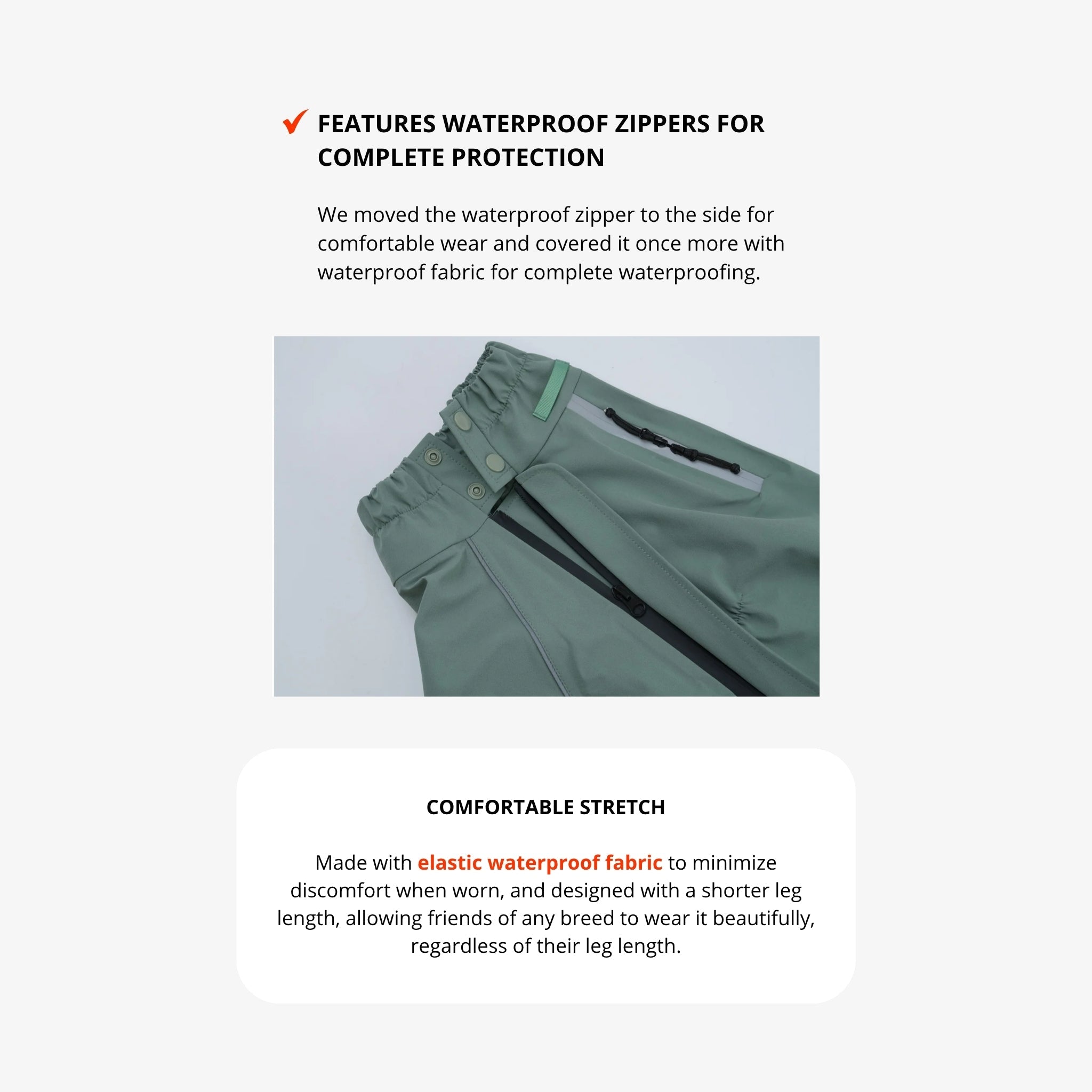 A product design highlight showcasing the premium side waterproof zipper track and comfortable elastic stretch fabric of the khaki-sage green Puppy Gallery dog rain suit.