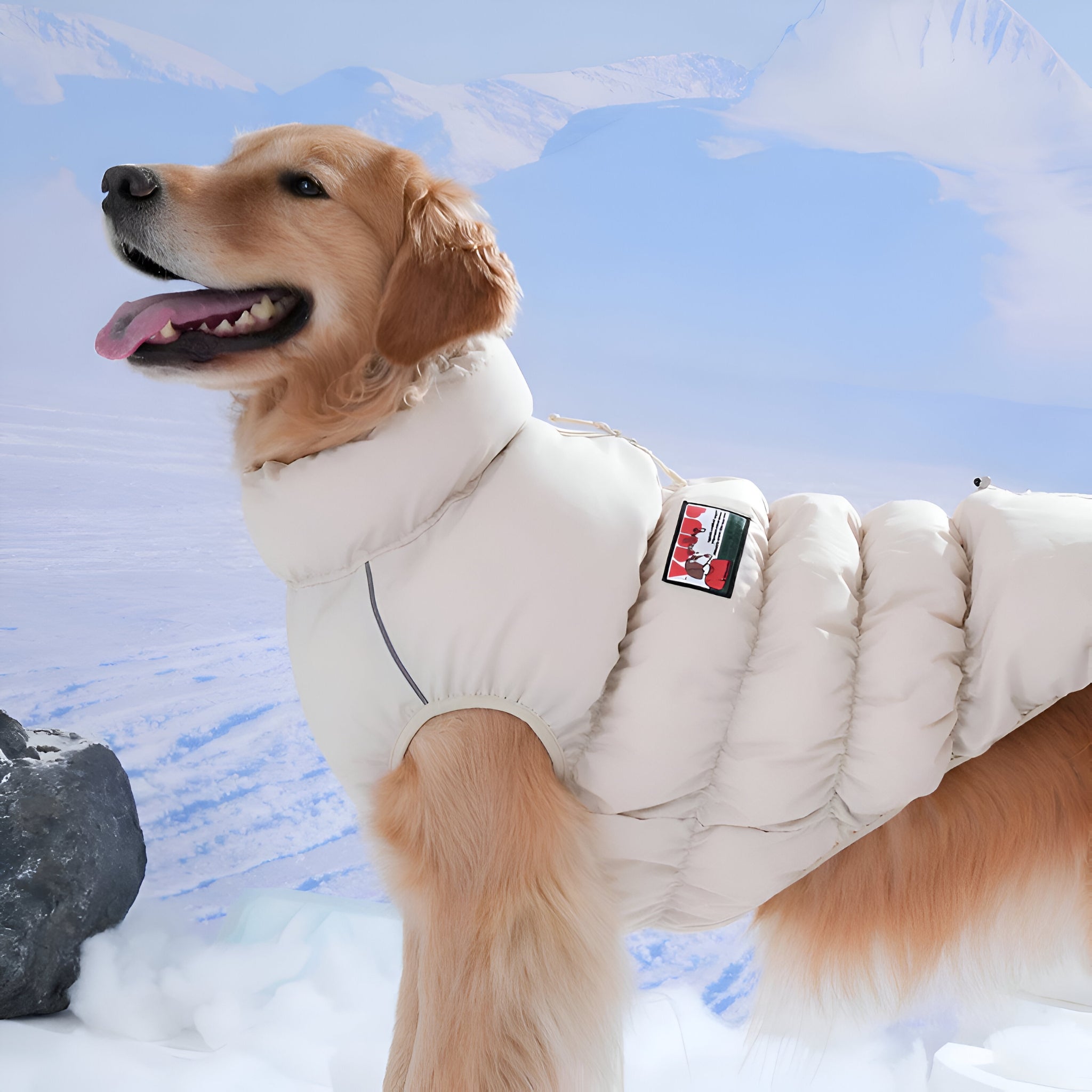 A golden retriever standing in a mountain winter studio scene while wearing the beige Puppy Gallery Kiroro Cloud Padding Vest, showcasing its insulated puffer design and high protective collar.
