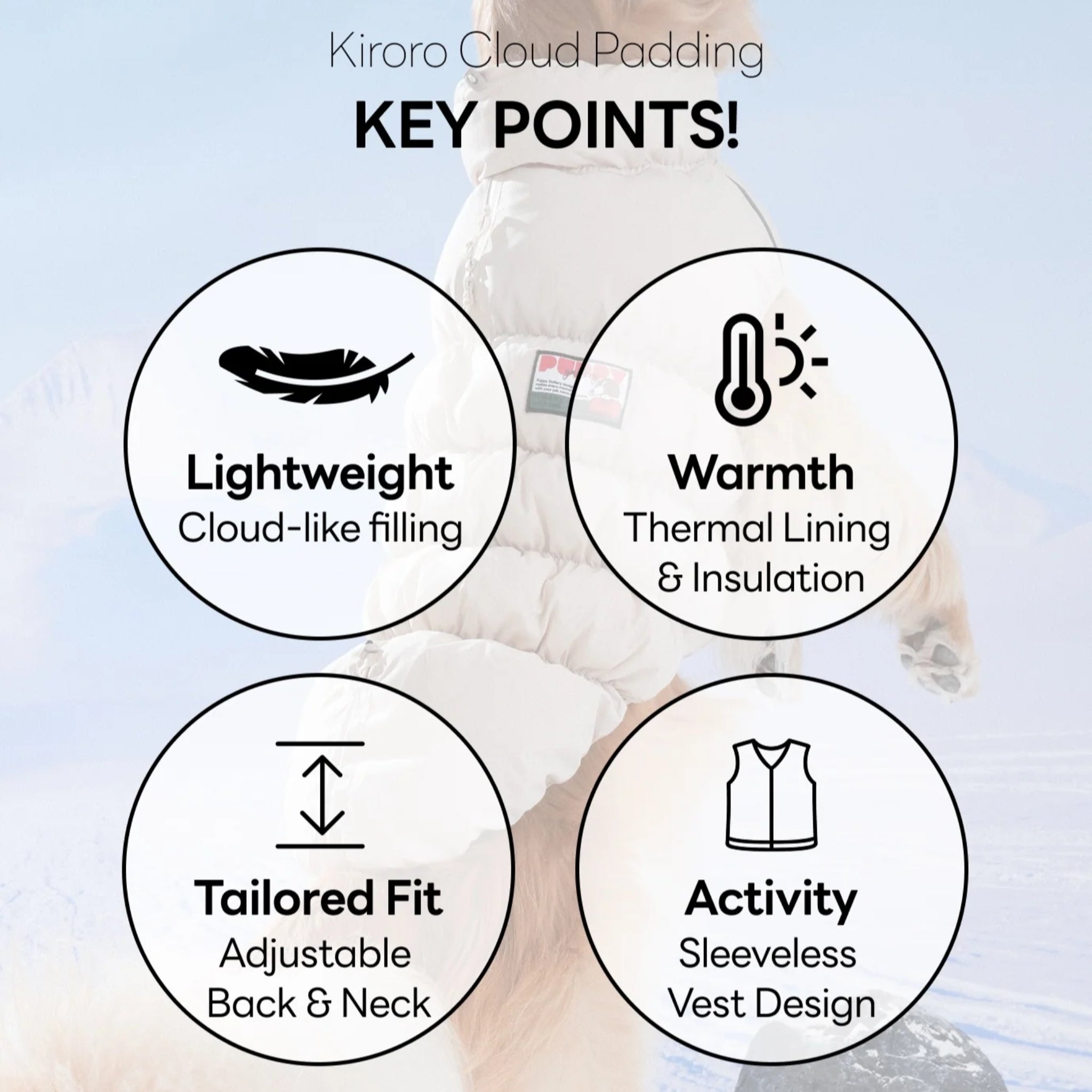 An infographic detailing the four key performance features of the Kiroro Cloud Padding dog vest: lightweight cloud-like filling, thermal insulation warmth, a tailored adjustable fit, and a sleeveless activity design.