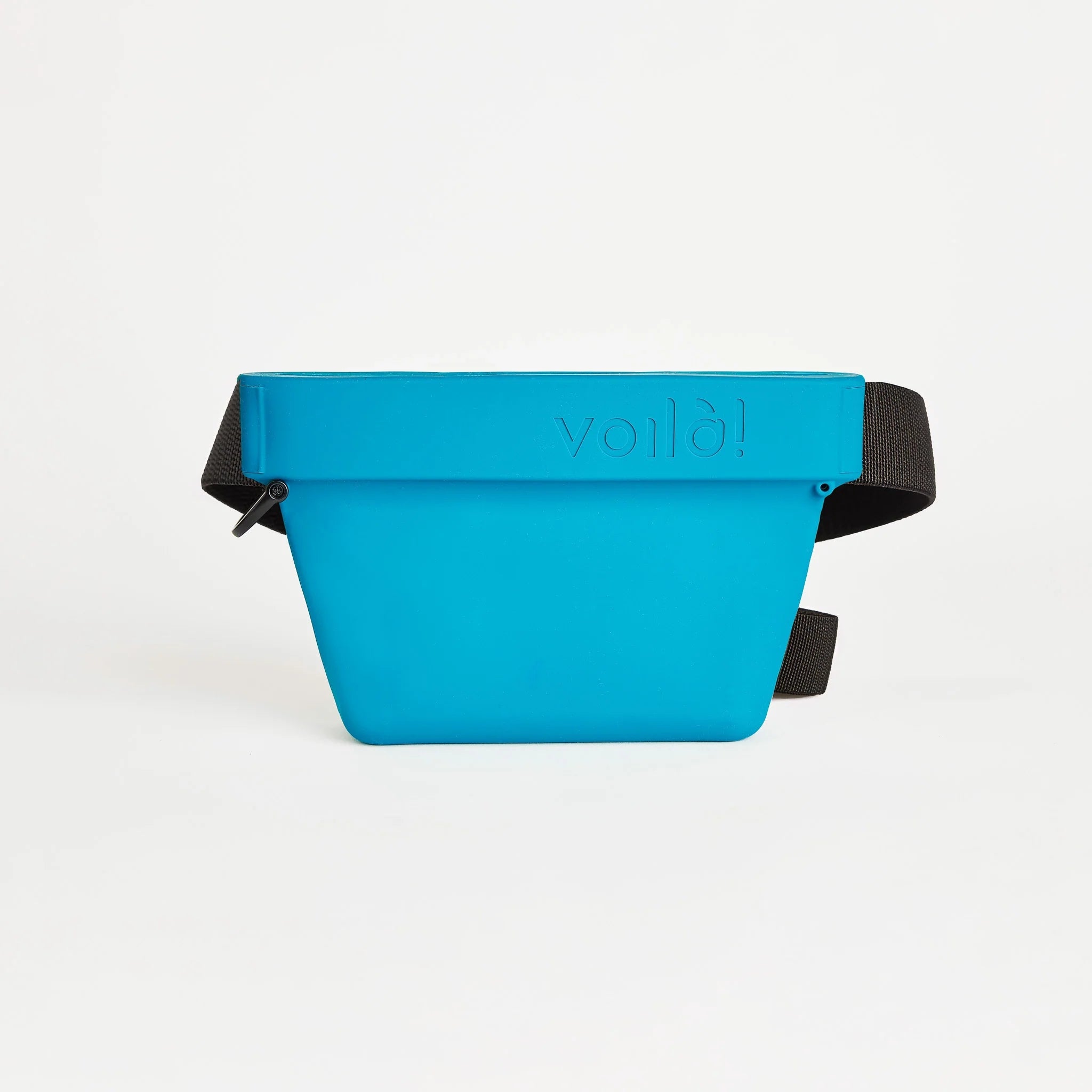Front view of the turquoise Ultimate Treat Pouch The Mini by Voilapets, featuring the embossed Voila brand logo on the silicone upper rim.