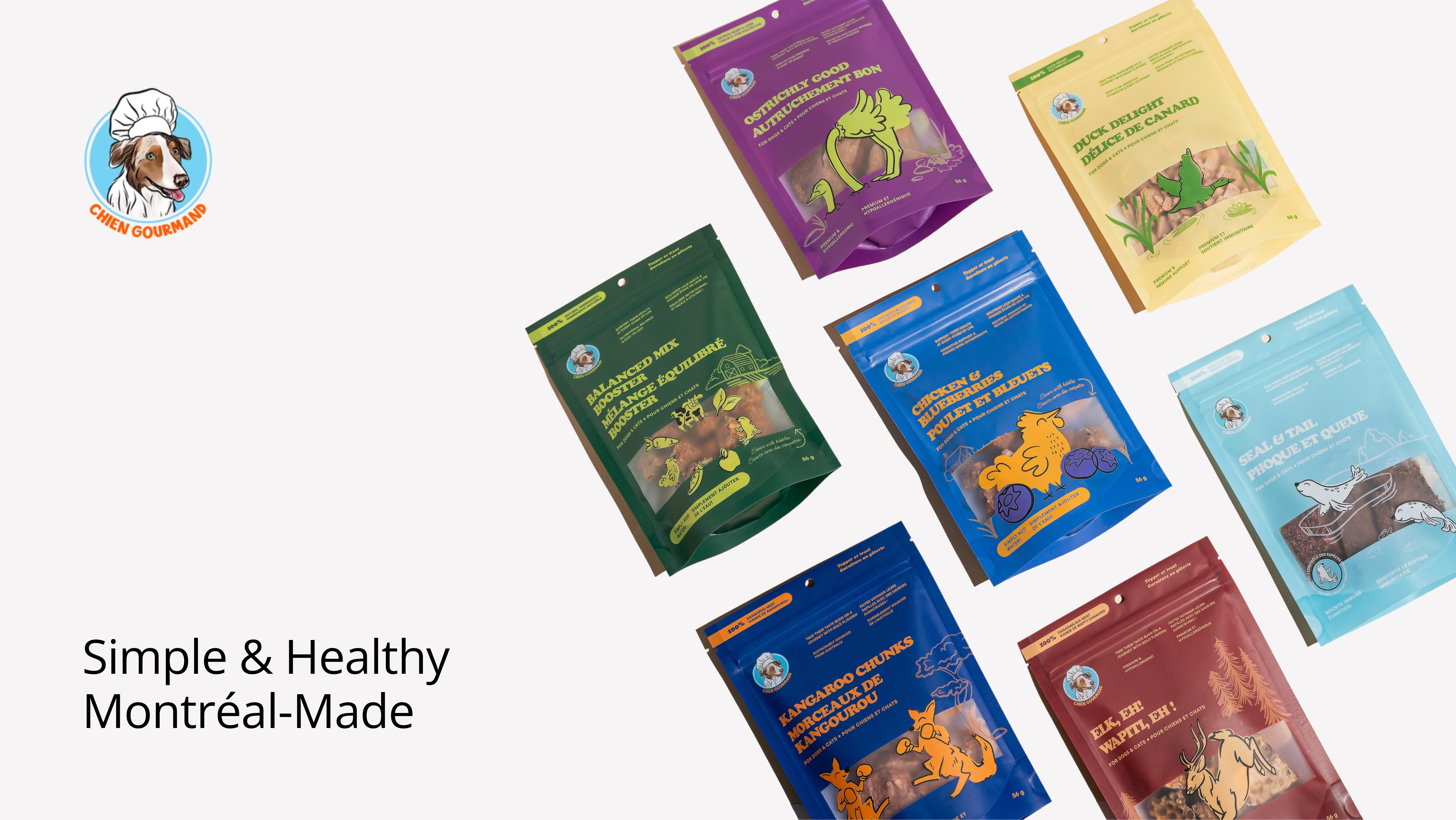 Assorted dog food packages with a brand logo on a white background