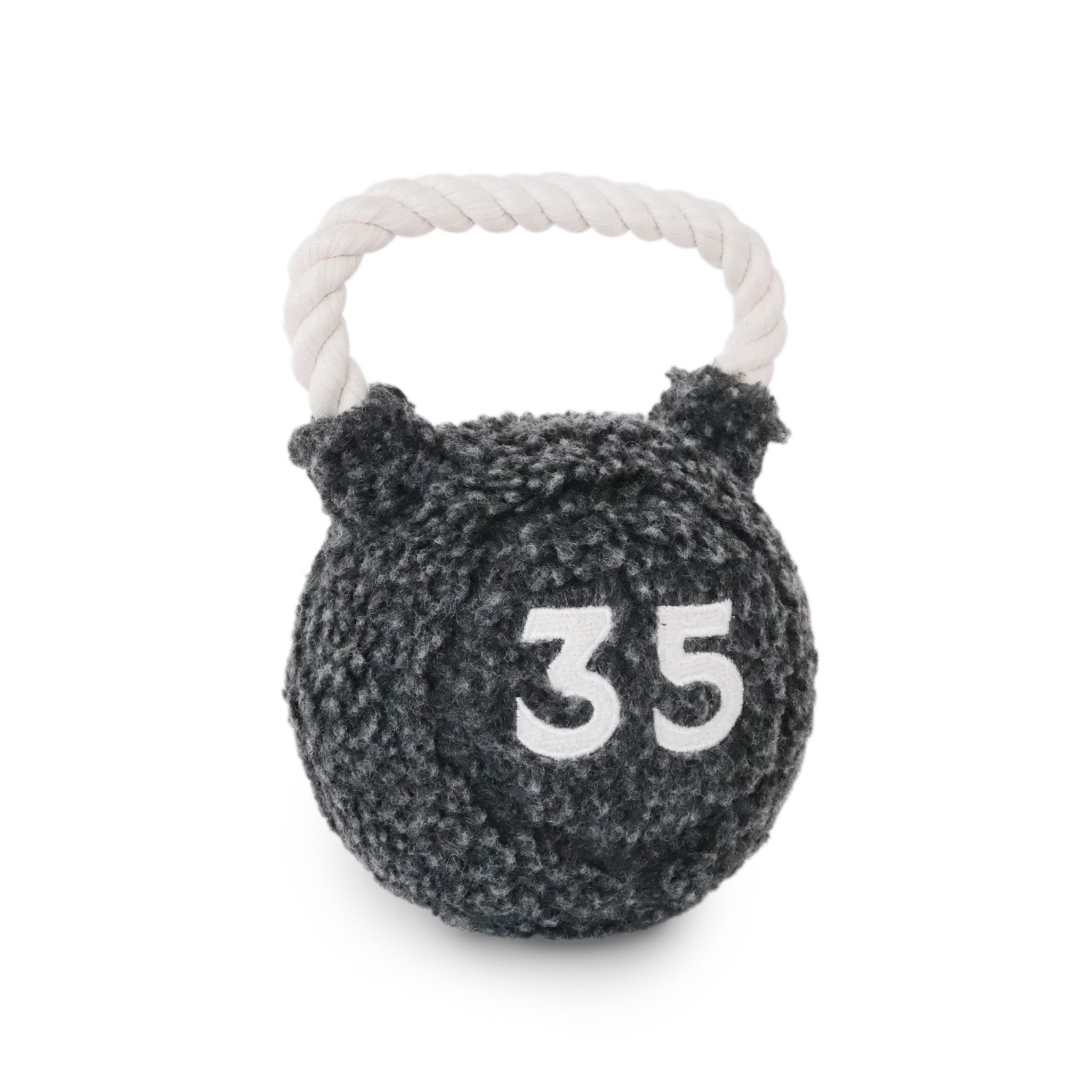 Lambwolf Collective Kettlebell plush dog toy with rope handle and 35 design
