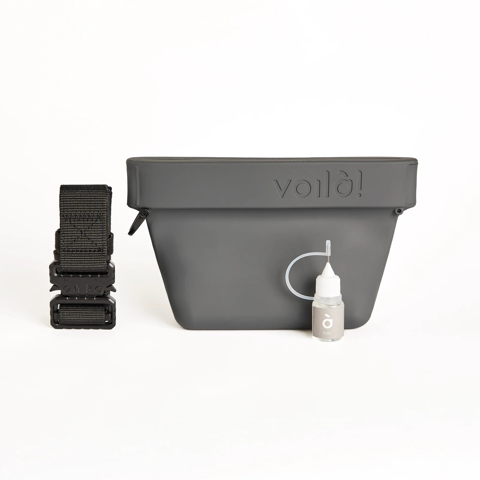 Voila Pets Mini Ultimate Treat Pouch in slate with strap and lubricant bottle