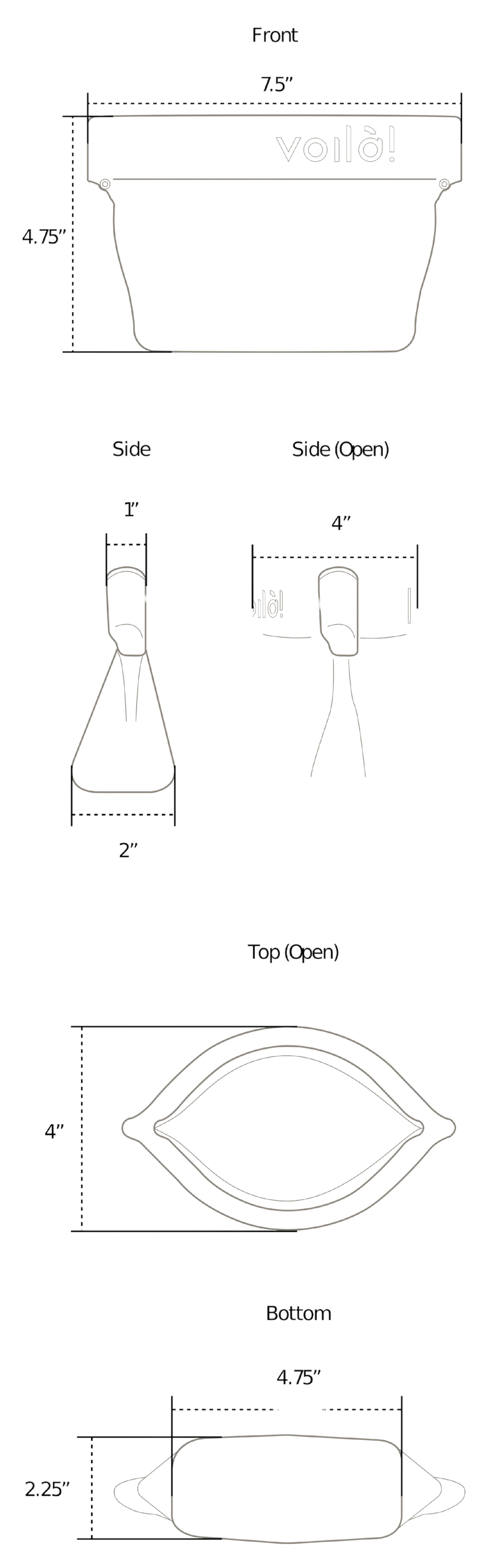 Voila Pets treat pouch technical drawing with dimensions and open view