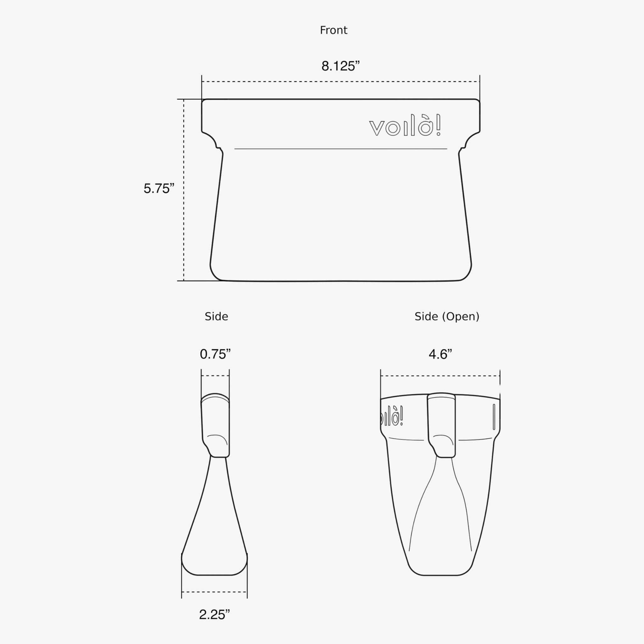 Ultimate Treat Pouch The Large by Voilà Pets showing front, side and open dimensions