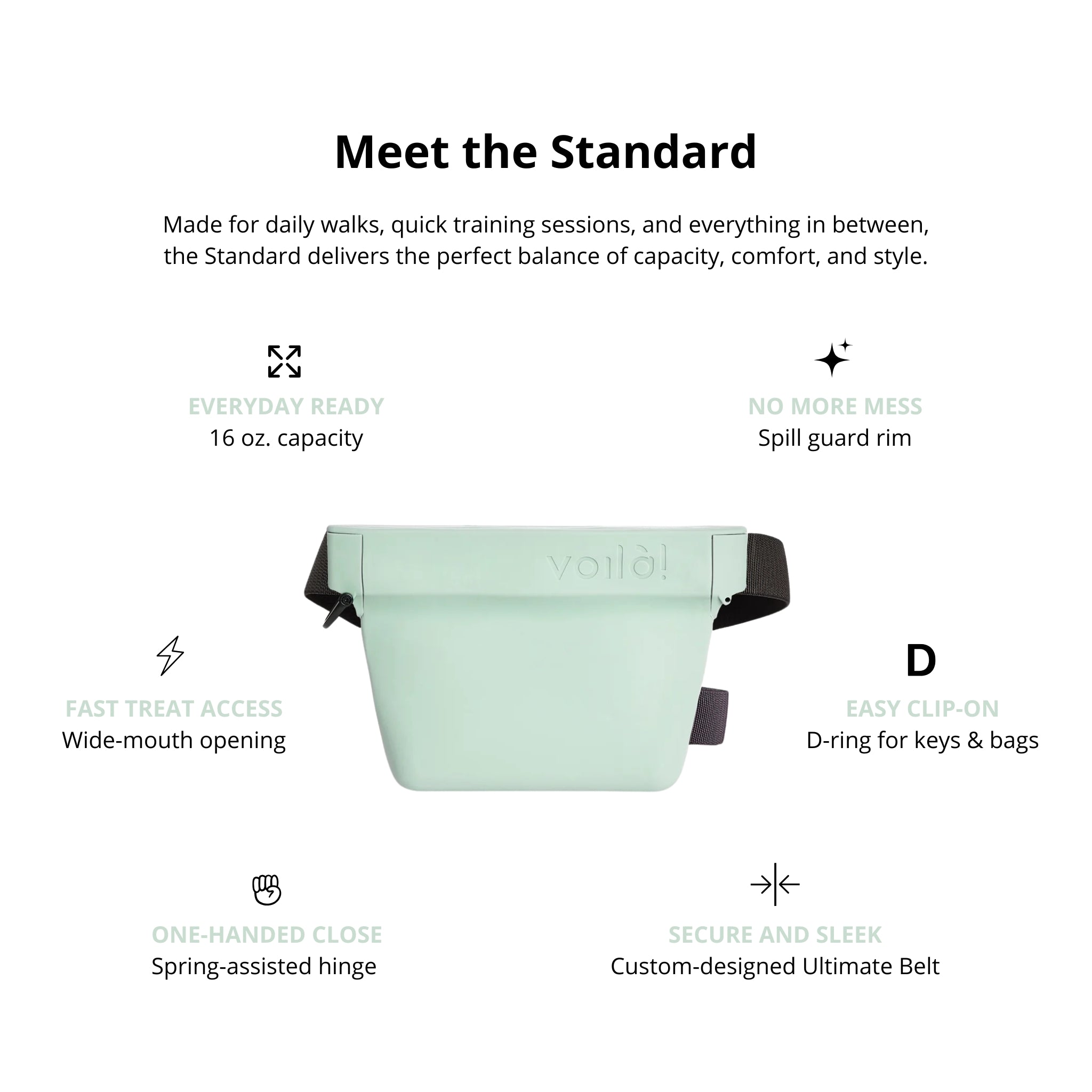 VoilaPets Ultimate Treat Pouch The Standard with 16 oz. capacity, wide opening, spill guard rim, D-ring and Ultimate Belt