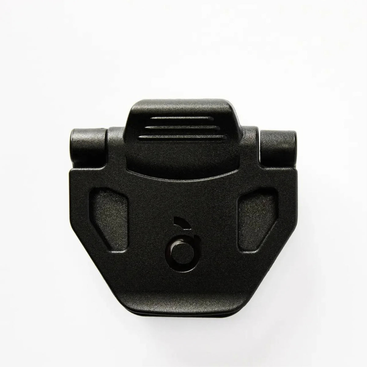 Front view of the black Voilà Pets Mini Adventure Clip for a dog treat pouch, showing the ridged thumb press and logo.