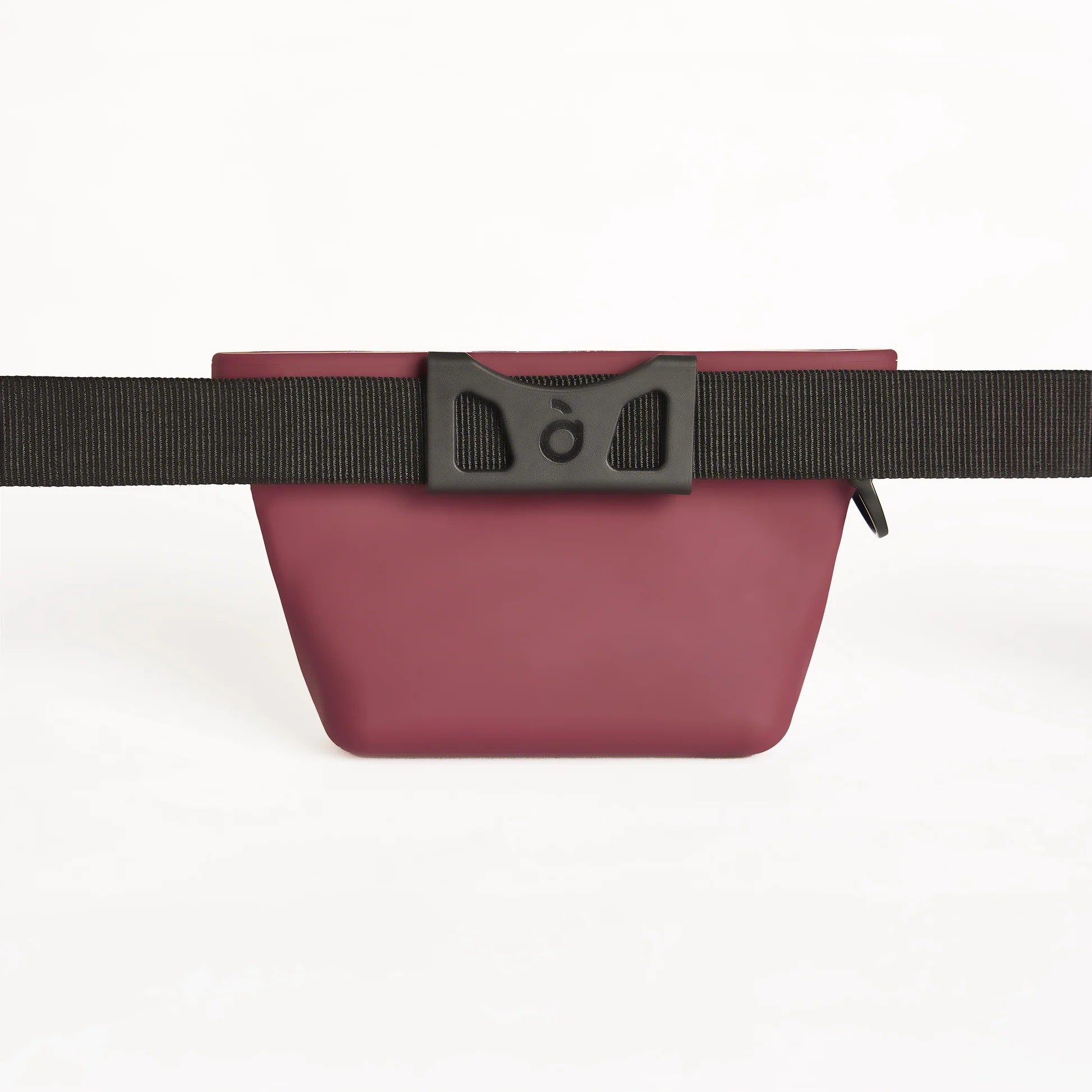Maroon Voila Pets treat pouch with magnetic front buckle and black waist strap