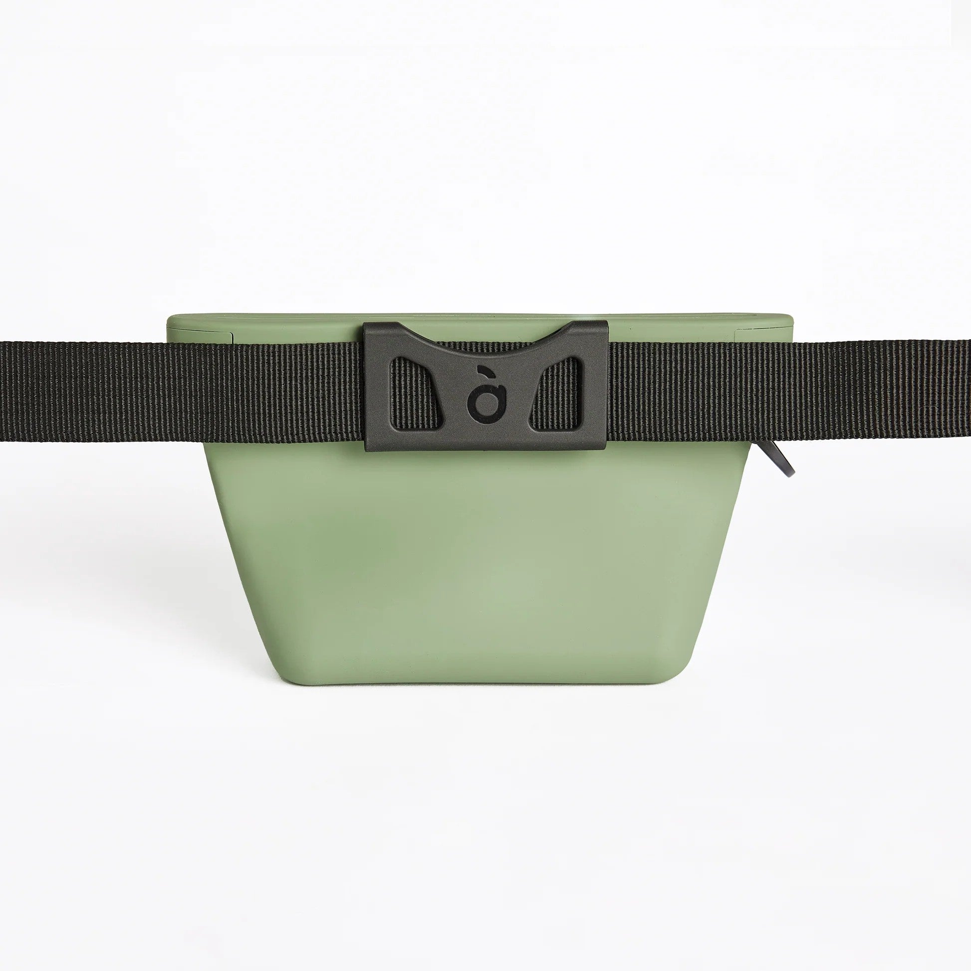 Seafoam Voila Pets treat pouch with black strap and magnetic buckle front view