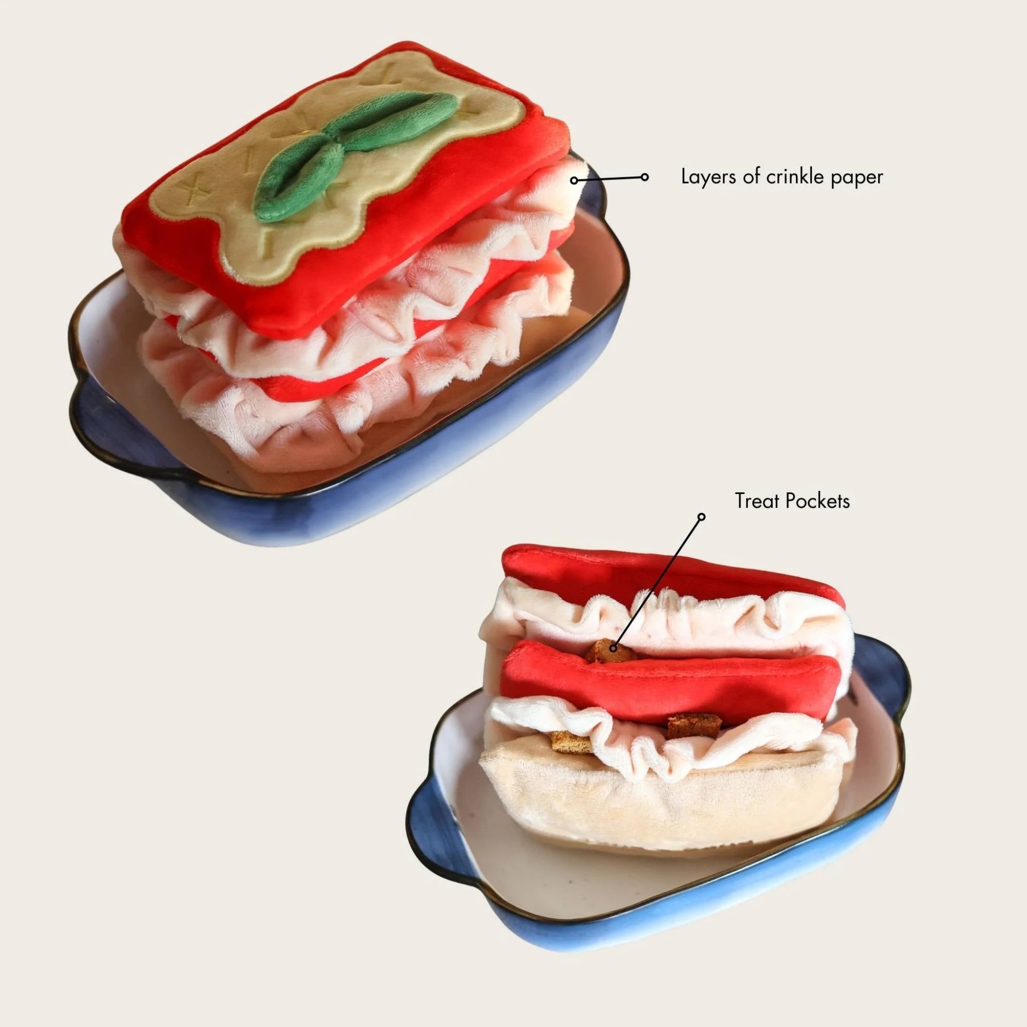 Features illustration of the lasagna dog enrichment toy highlighting hidden treat pockets and crinkly fabric layers.