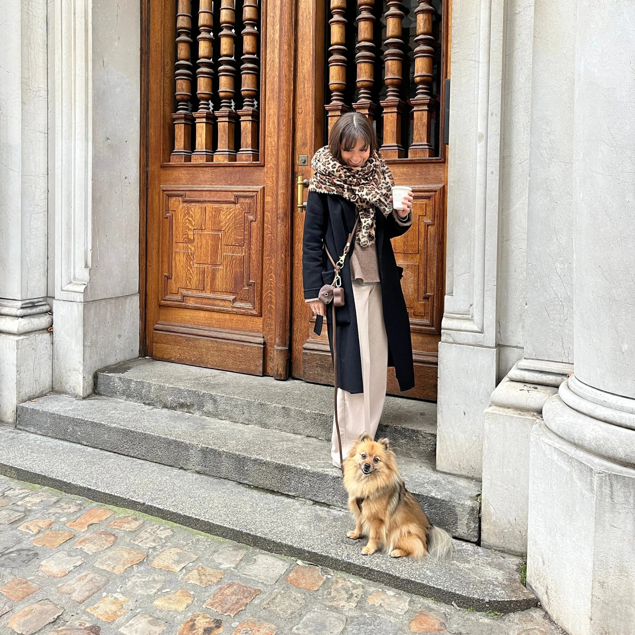 A lifestyle photo of a woman wearing the Clay hands-free braided leash by Furlou cross-body style while standing on stone steps next to her small, fluffy dog.