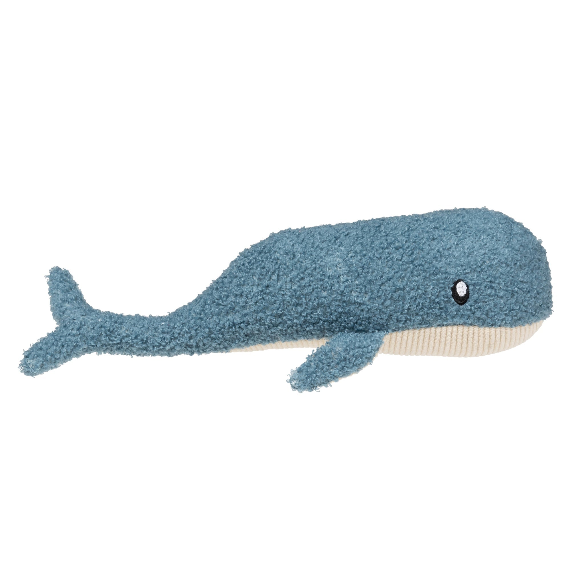 Full side profile view of the FuzzYard Life French blue whale plush dog toy against a white background, showcasing its textured boucle fabric upper body, embroidered eye details, and soft white corduroy underbelly.