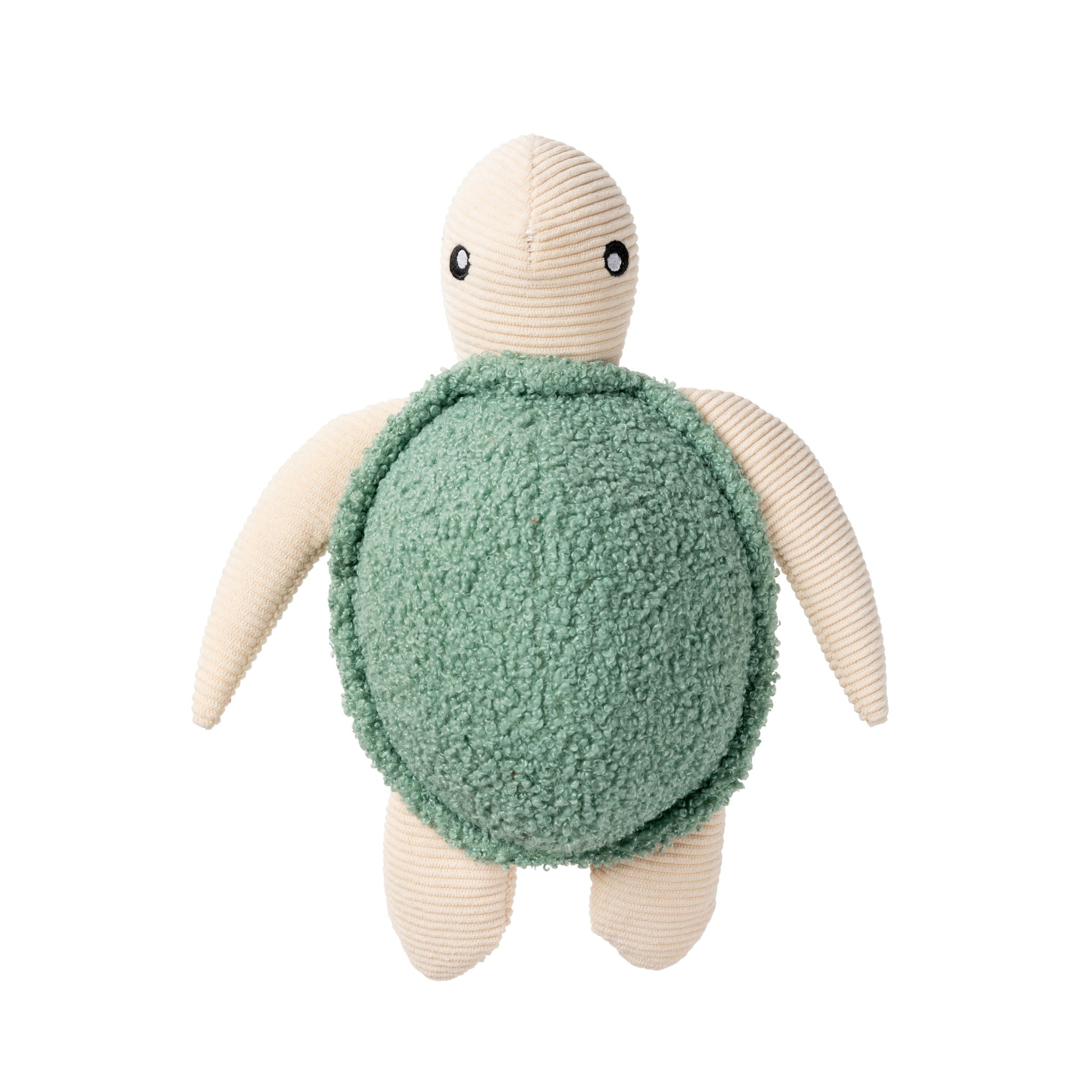An overhead studio view of the FuzzYard Life Myrtle Green Turtle plush dog toy against a clean white backdrop, highlighting its rounded green textured shell and symmetrical cream corduroy flippers and legs.