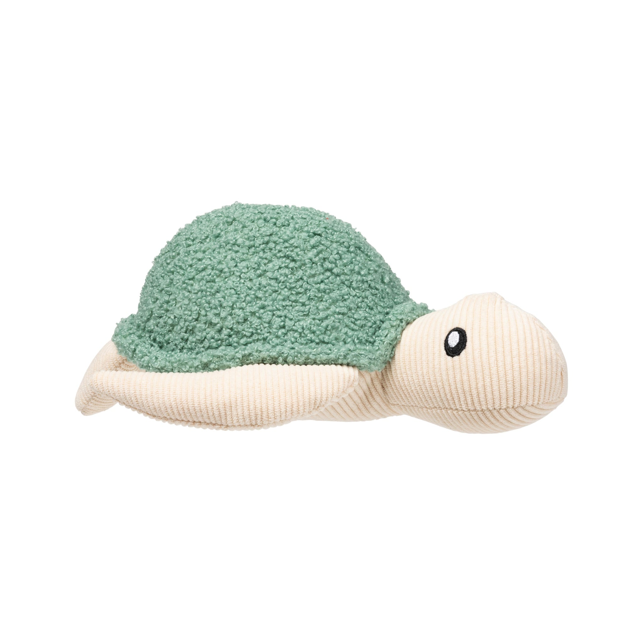 Full side profile view of the FuzzYard Life Myrtle Green Turtle plush dog toy against a white background, showcasing its textured green boucle shell, embroidered eye detail, and soft cream corduroy body.