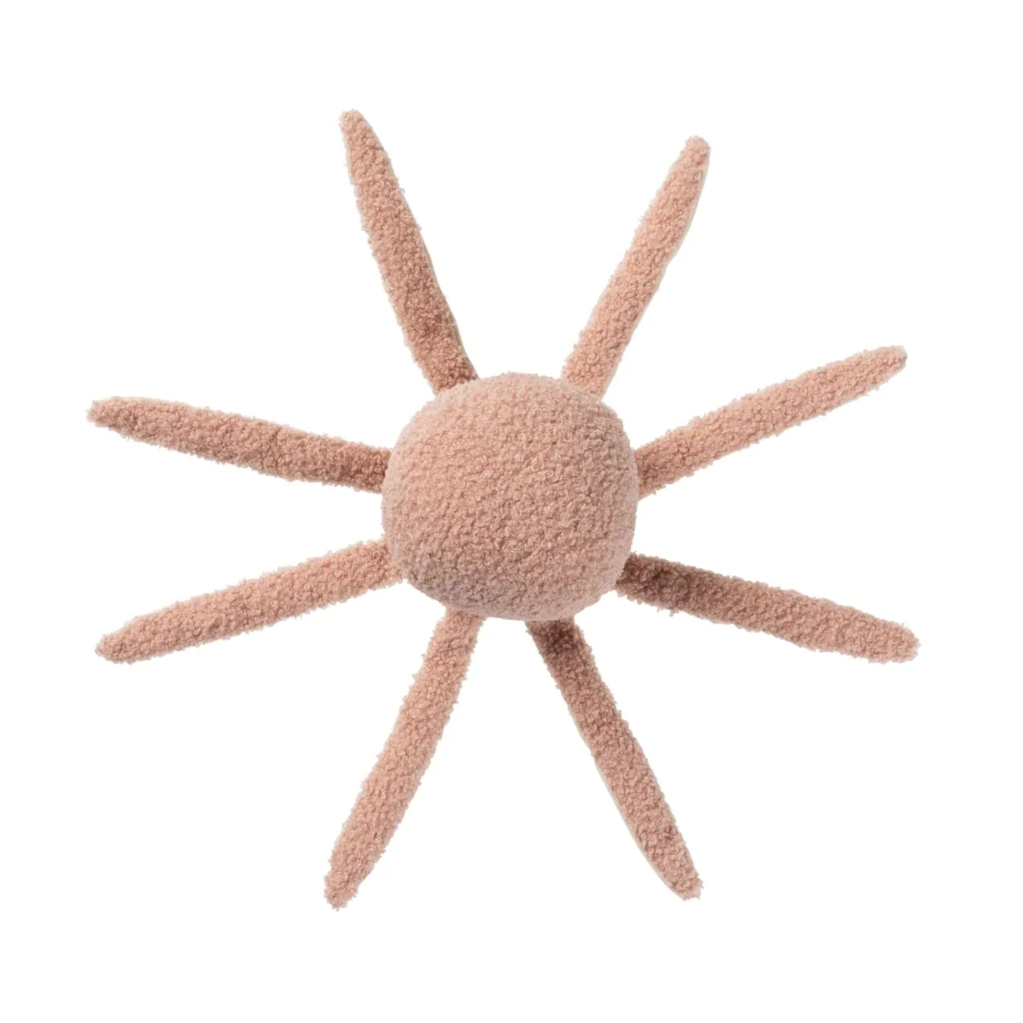 An overhead flat lay view of the FuzzYard Life Soft Blush Octopus plush dog toy against a white background, showing its round head and eight tentacles spread out radially to showcase the textured pink boucle fabric.
