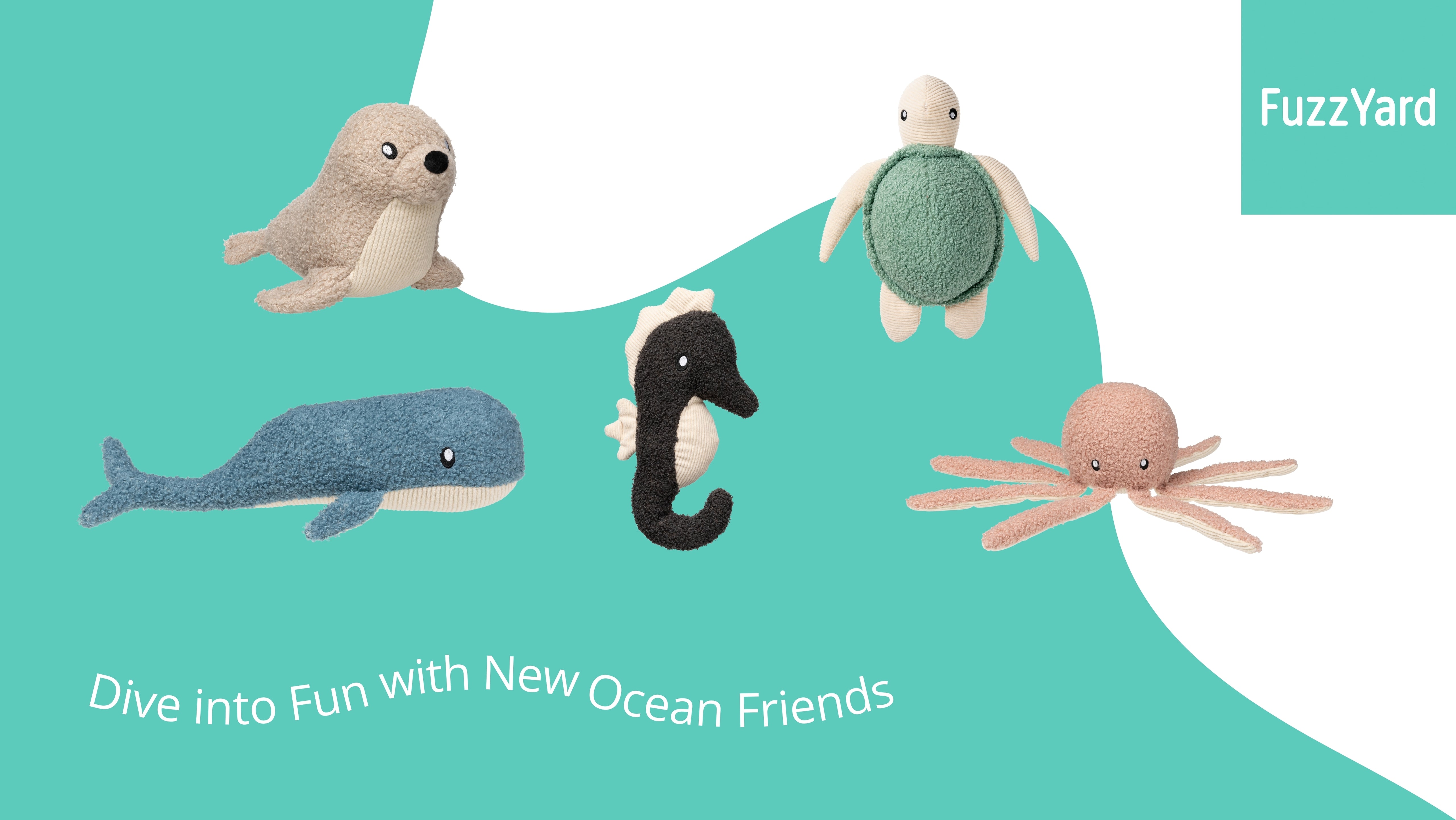 Banner with FuzzYard ocean friends plush dog toys including seal whale seahorse turtle and octopus