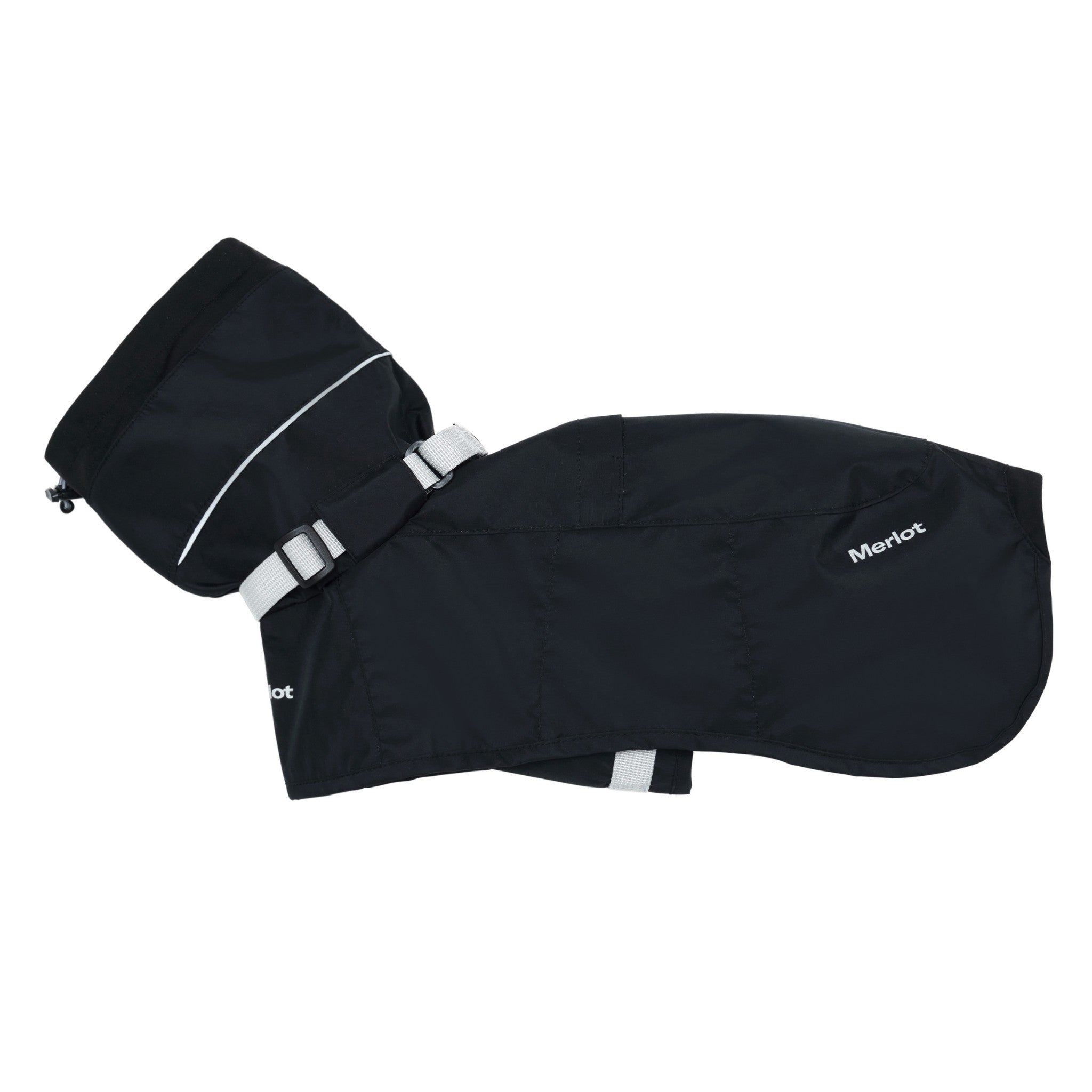 A premium studio product flat lay of the black Merlot Ain™ dog raincoat on a white background, displaying its high cowl hood, built-in grey neck strap, and full underbelly panel.