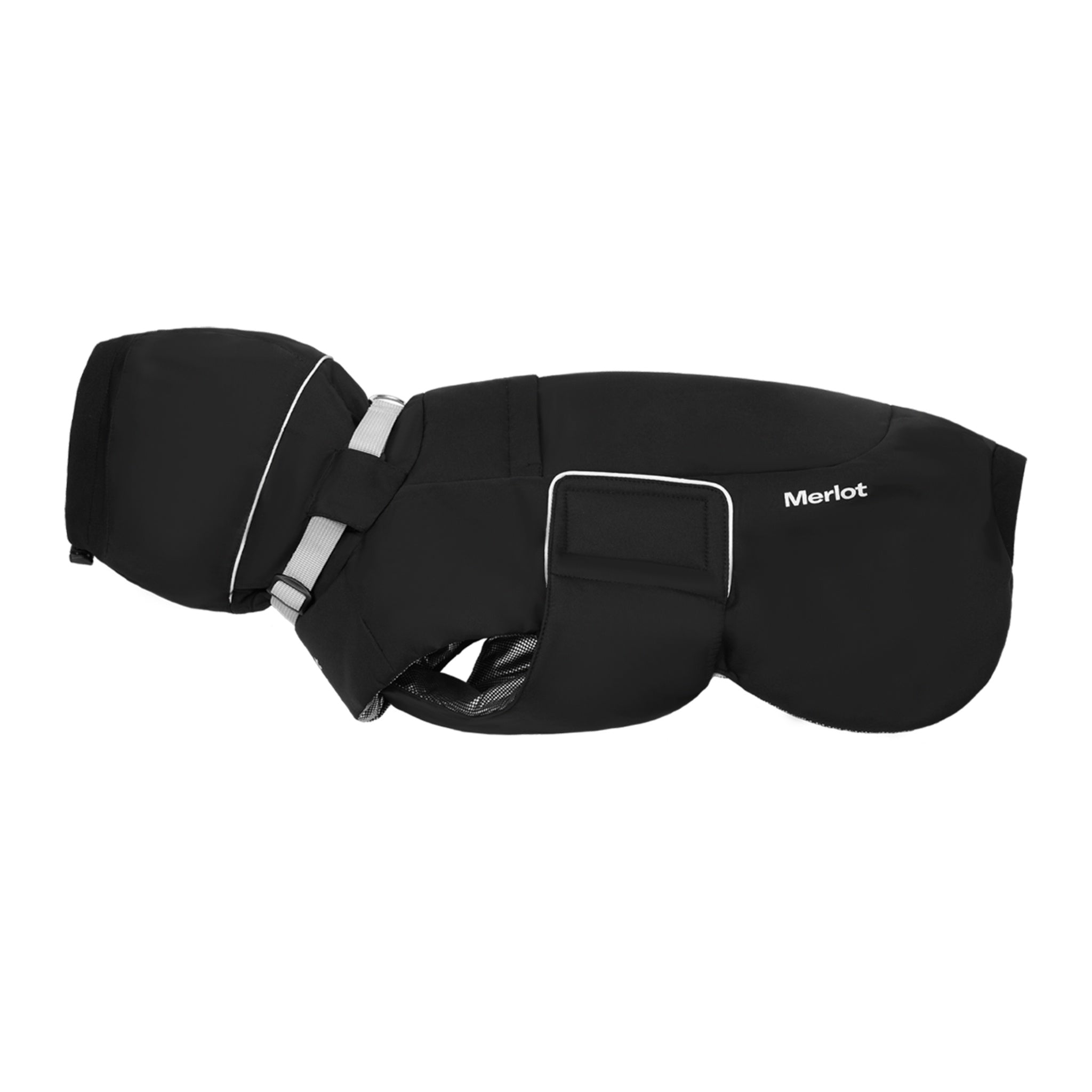 A professional studio product layout of the black Merlot Ain™ Puffer dog coat against a crisp white background, highlighting the insulated high collar, grey chest straps, and white contrast branding logo.