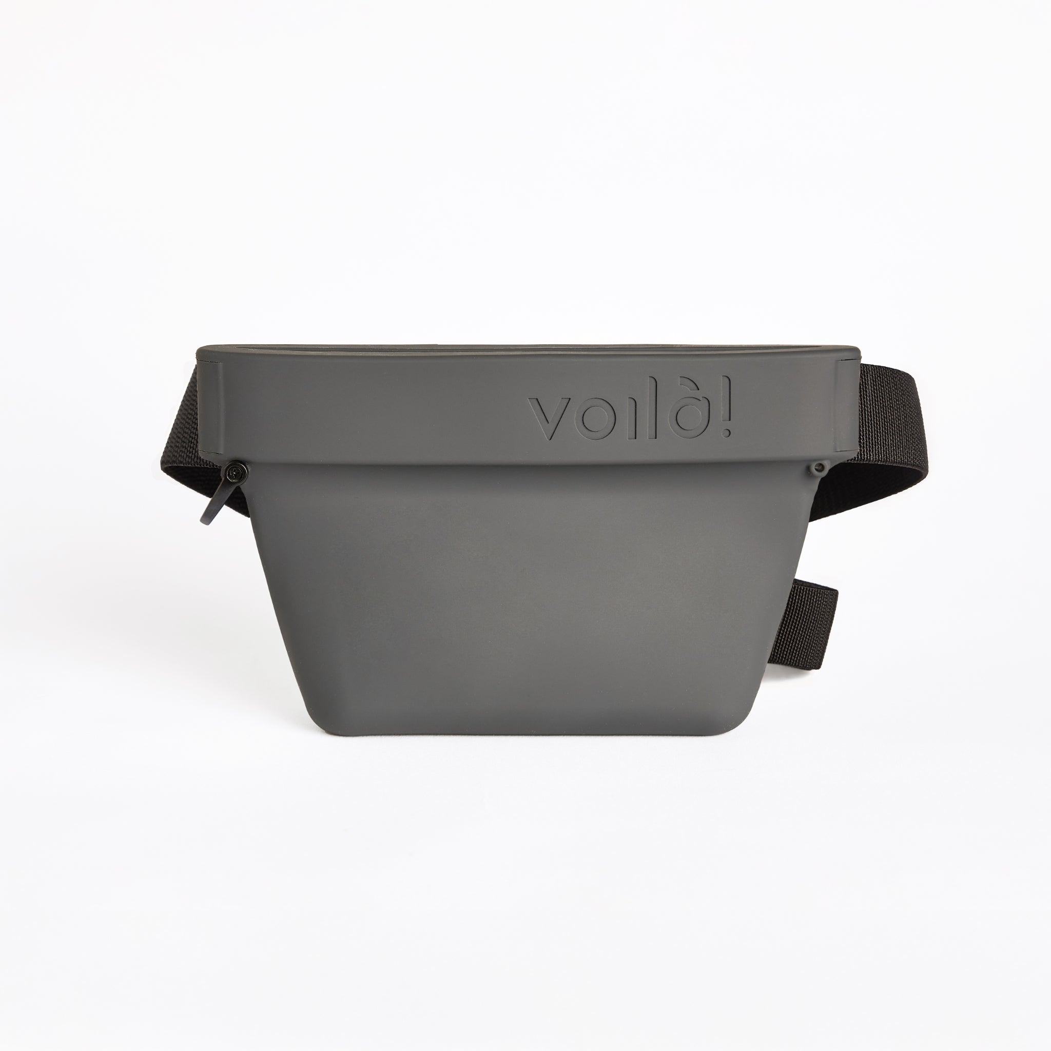 Slate Voila Pets treat pouch with black adjustable strap and embossed logo