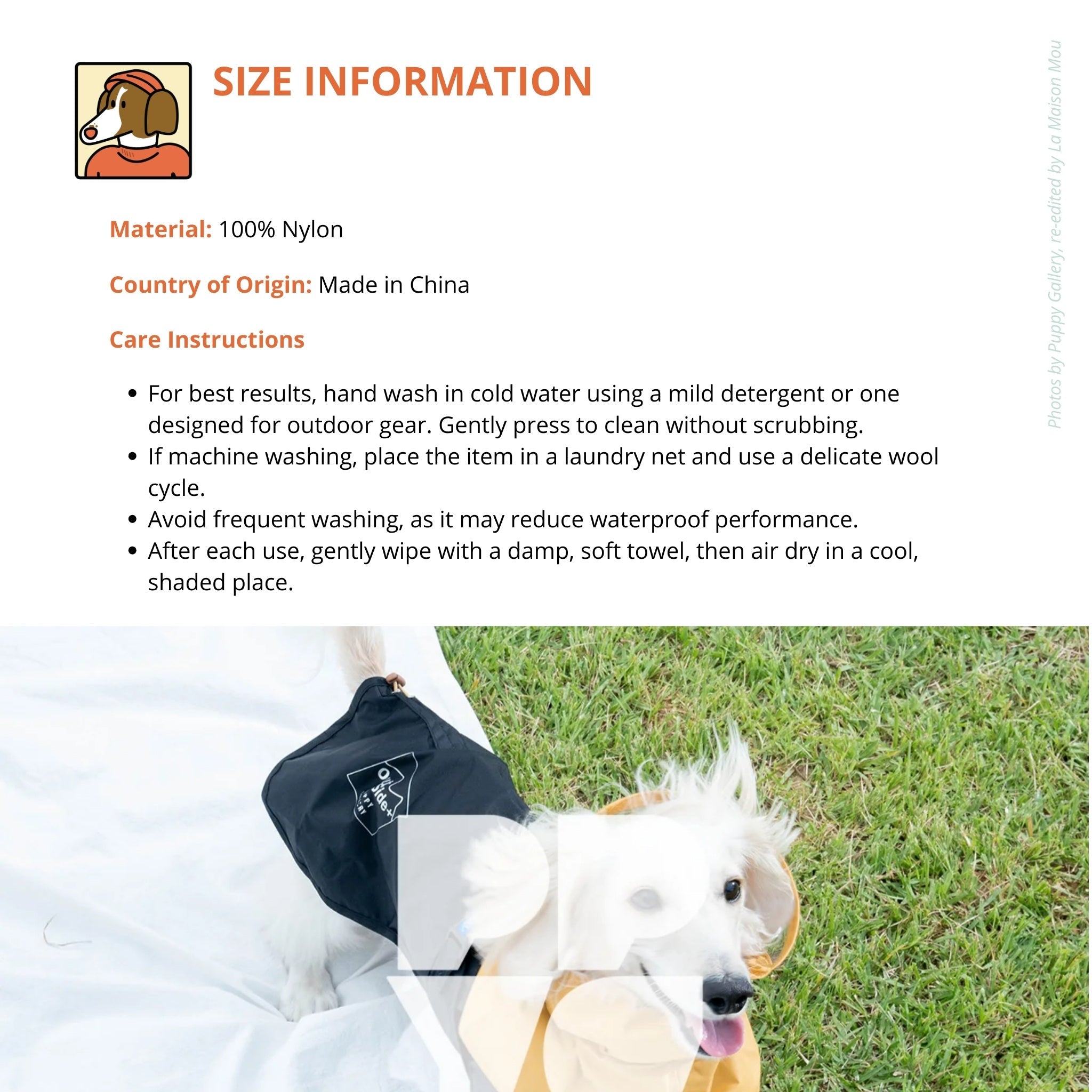 Fabric and care instructions sheet for the 100% nylon dog raincoat alongside a photo of a white dog wearing a water shield jacket on the grass.