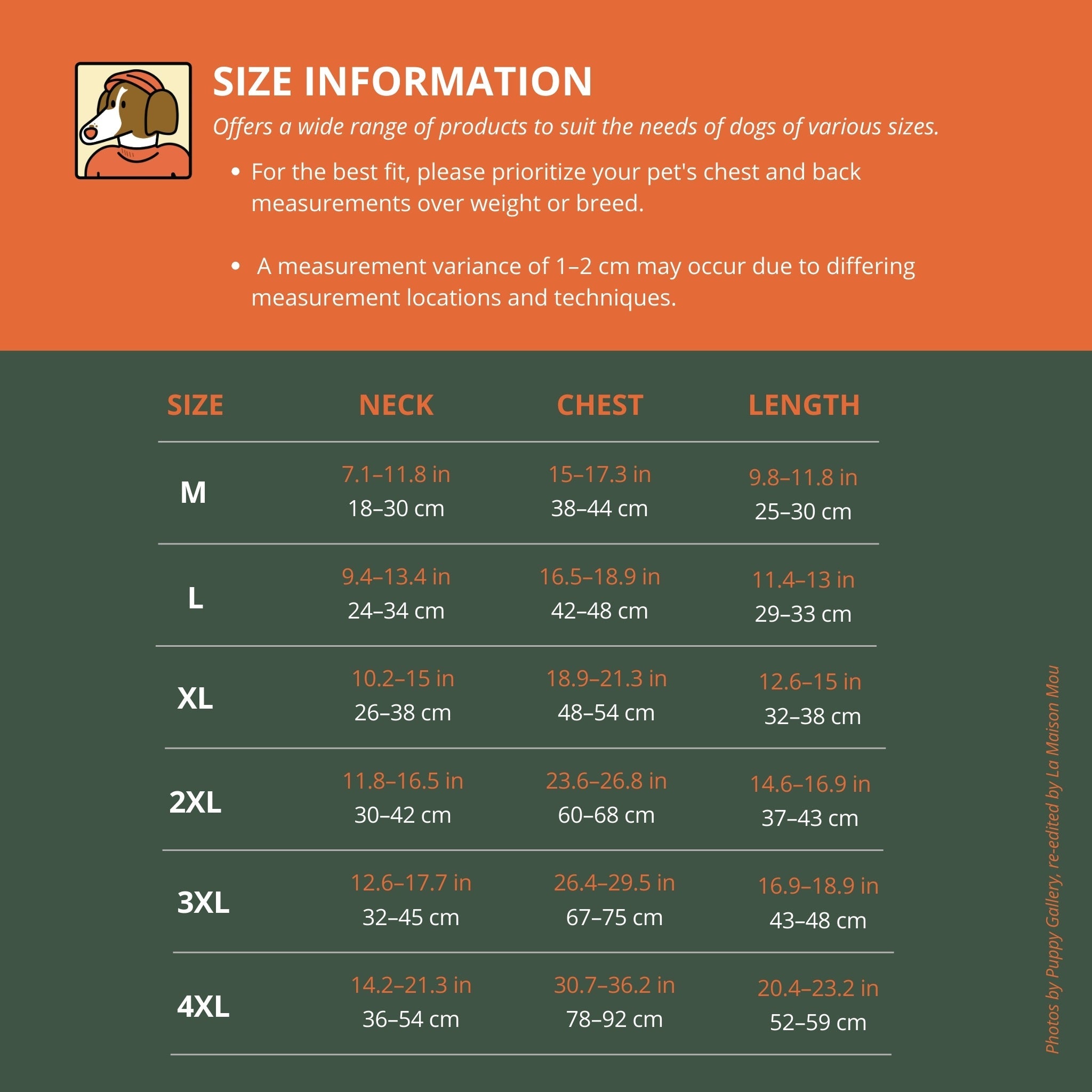 Sizing information chart for the All Weather Water Shield Poncho dog raincoat, outlining neck, chest, and length measurements in inches and centimeters for sizes Medium to 4XL.