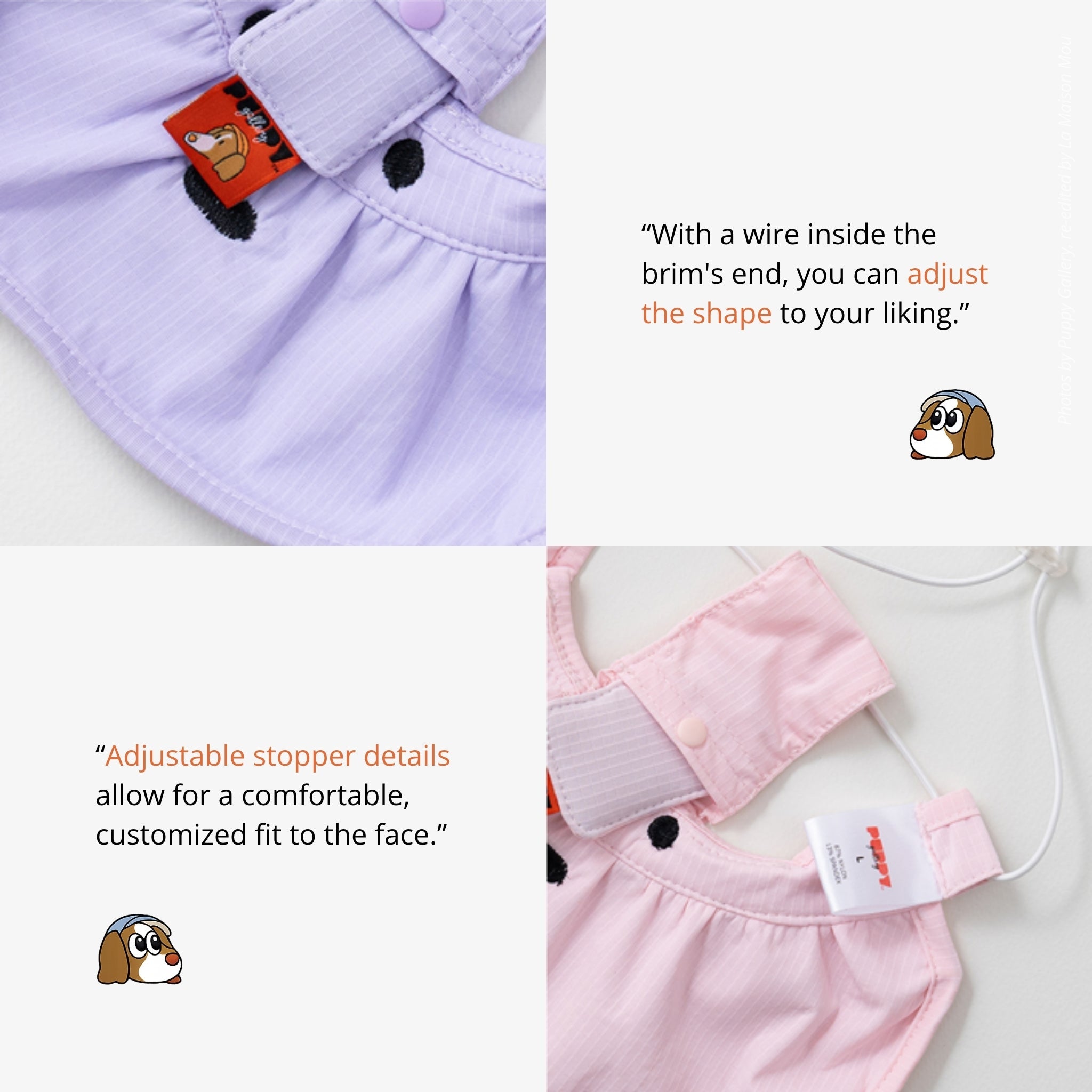 Technical design details of the pet visor demonstrating the internal brim wire used to adjust the hat shape and the adjustable toggle stoppers for a customized under-chin fit.