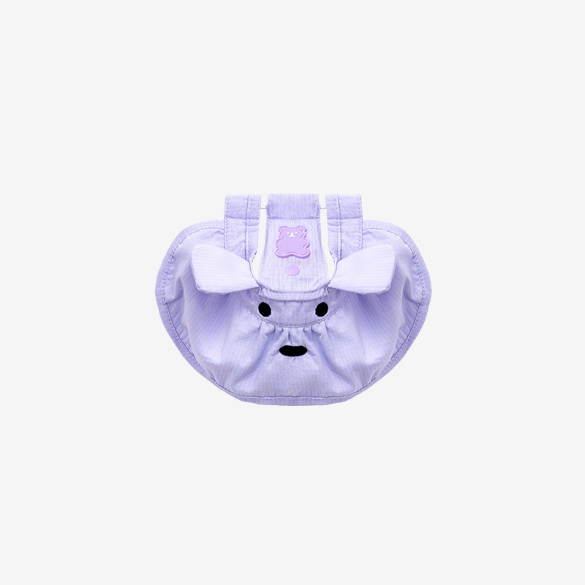 A top-down flatlay view of the lavender purple Big Bear Cooling Dog Sun Hat by Puppy Gallery, featuring ear cutouts, a small embroidered bear patch, and an adjustable toggle chin strap on a plain background.