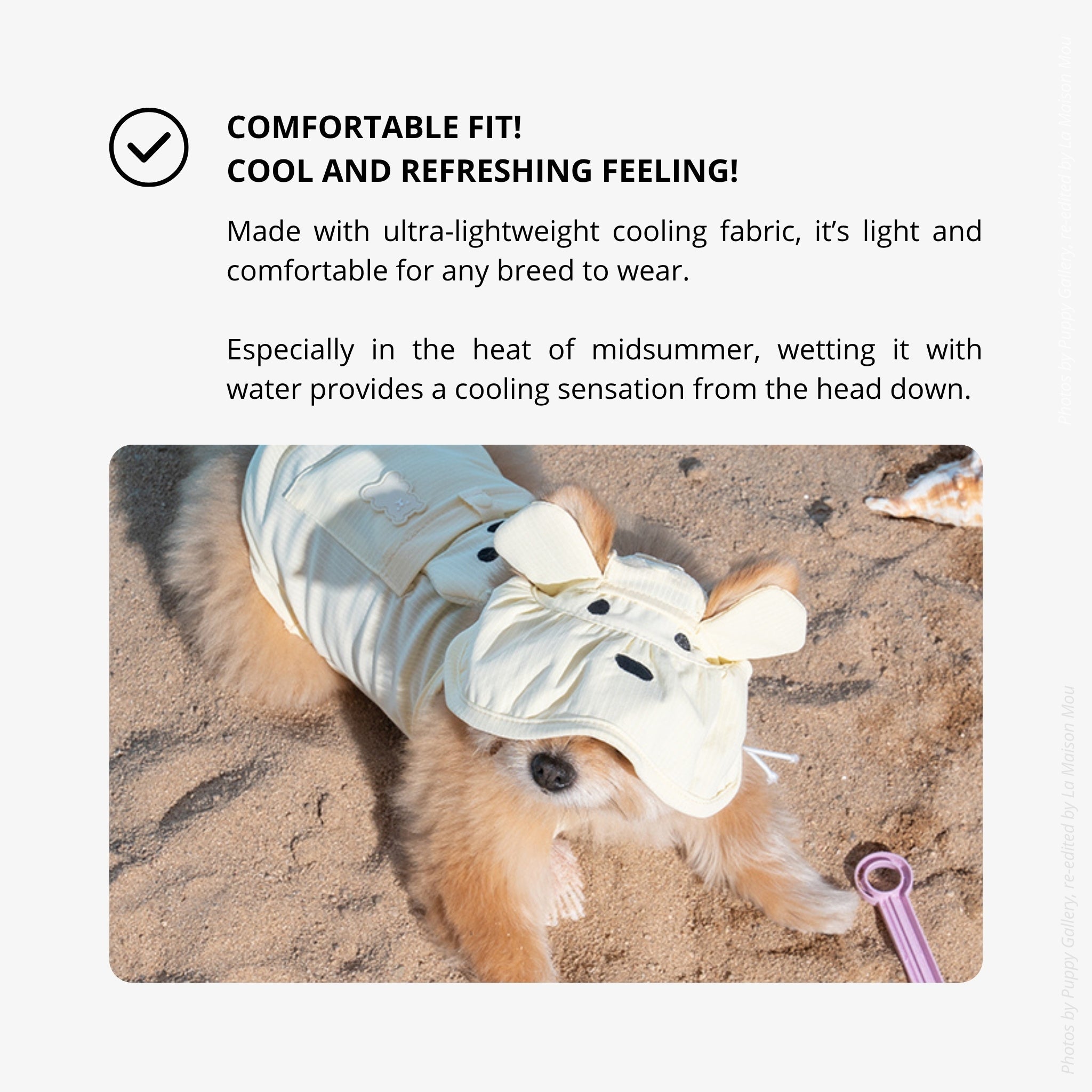 A small tan Pomeranian dog lying down comfortably on beach sand while wearing the lemonade yellow cooling pet sun hat with protective wide-brim coverage.