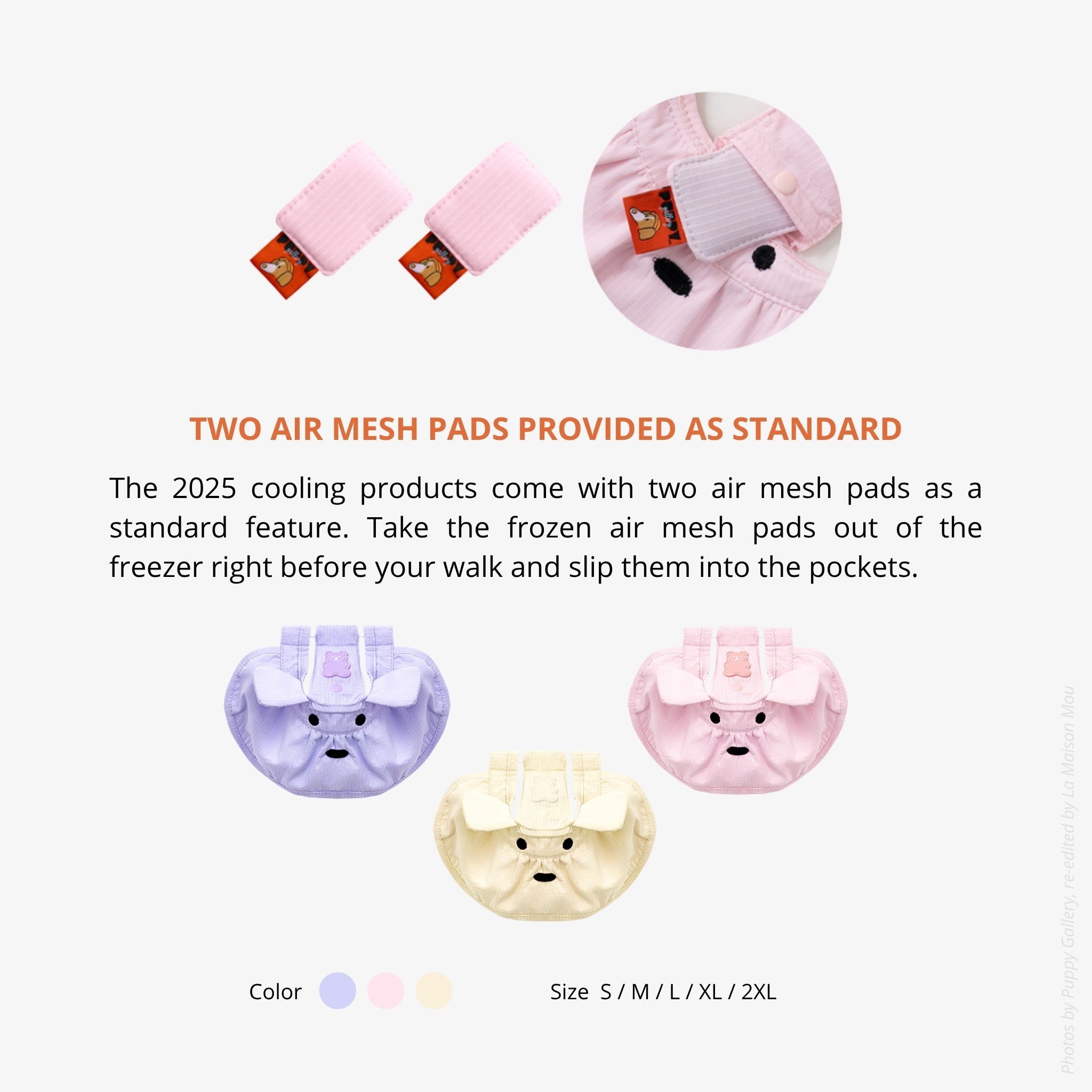 A product features infographic showing the three pastel colors of the pet sun hat line along with an illustration of the two standard-included removable cooling air mesh pads.