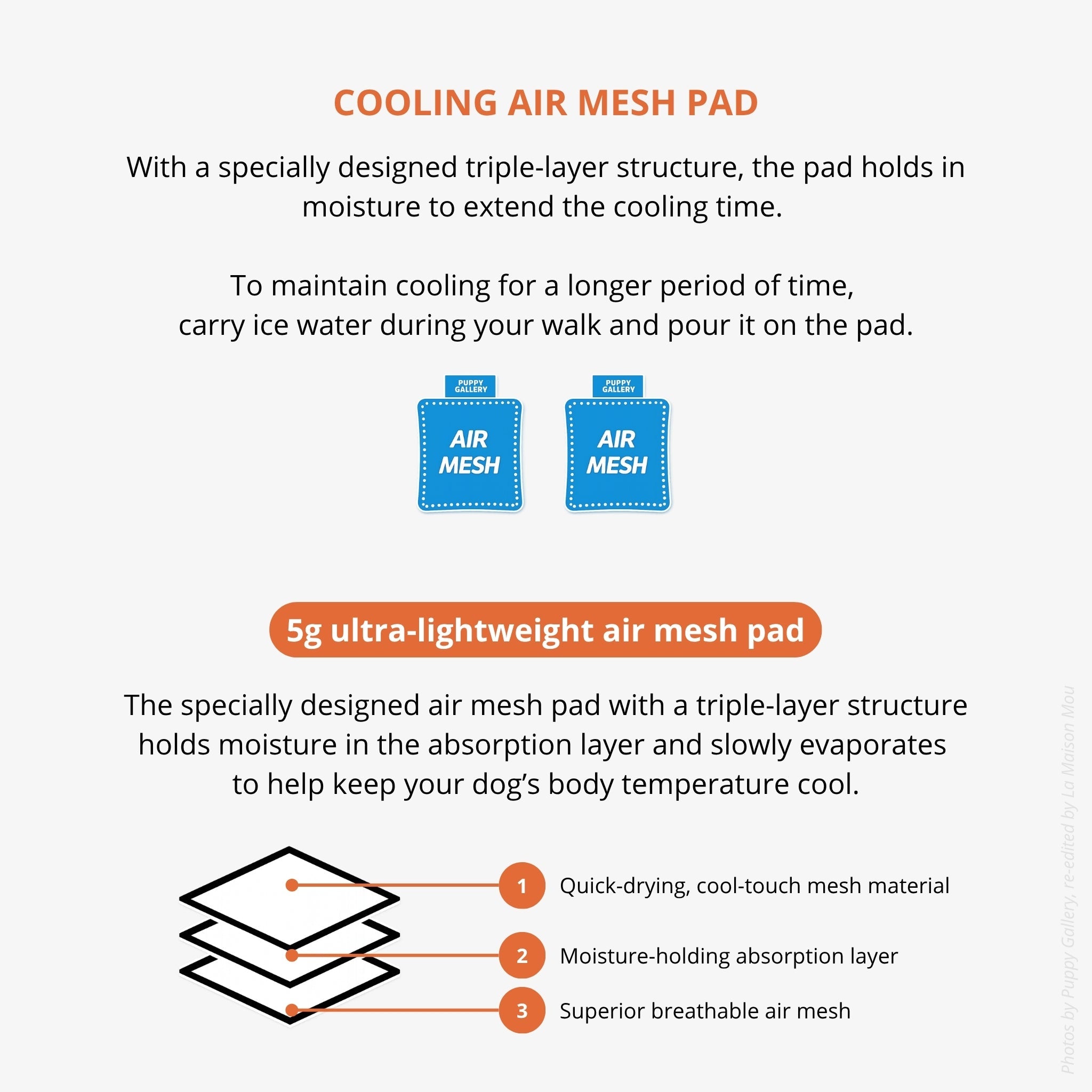 A diagram detailing the 5-gram ultra-lightweight, triple-layer structure of the cooling air mesh pad, showing the quick-drying material, moisture-holding layer, and breathable mesh.